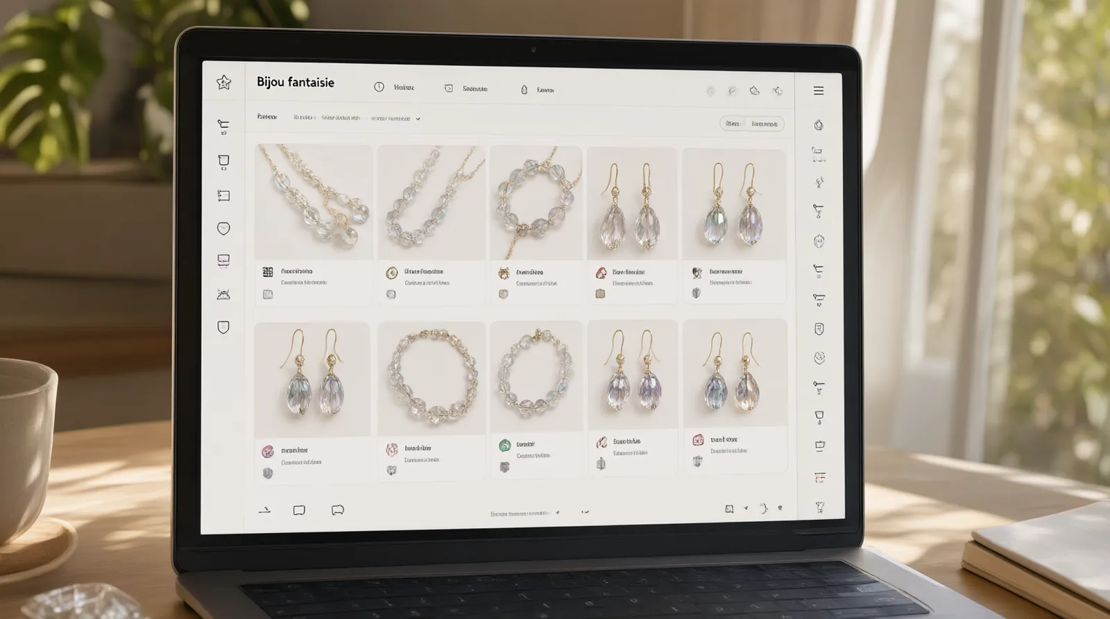 bijou fantaisie femme - Annotated UI mockup of a modern wholesale jewelry ordering dashboard displayed on a laptop screen, showing a grid of product thumbnails including drop earrings and glass bead necklaces, a sidebar filter for "Plating Type" and "MOQ", soft daylight reflection on the screen, realistic interface layout for procurement teams