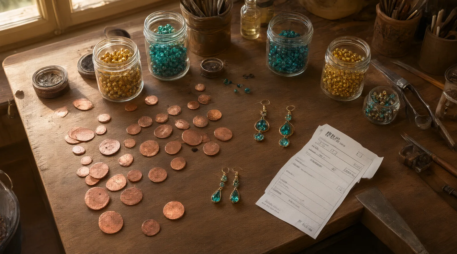 bijou fantaisie femme - Editorial conceptual top-down photo of a jeweler's workspace: raw copper blanks, small jars of glass beads in gold and teal, a pair of finished two-tone drop earrings, and a physical shipping waybill document resting on a wooden desk, illuminated by warm natural light, conveying craftsmanship and global trade