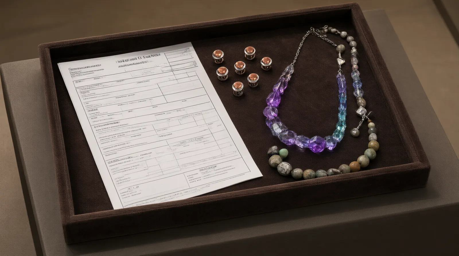zoll china deutschland - Editorial conceptual photo of a customs declaration document resting on a velvet display tray, surrounded by physical examples of declared goods: a pair of rhodium-plated copper stud earrings, a gradient crystal necklace, and natural stone beads, soft directional gallery lighting highlighting the textures