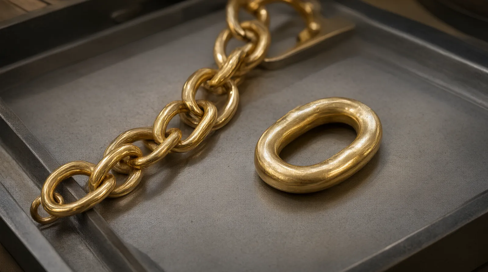 轻奢珠宝 - 写实场景:在珠宝专用灯光下,14k gold vermeil 链节与实心 14K 金链节的微距并排对比,突出镀层厚度与搭扣结构,用于 B2B 质检