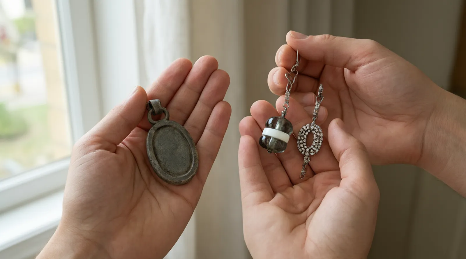 custom jewelry - Editorial photo of a buyer's hands comparing a mass-produced retail pendant against a custom-manufactured two-tone glass bead and rhinestone earring set, highlighting the difference in material texture and finish quality.
