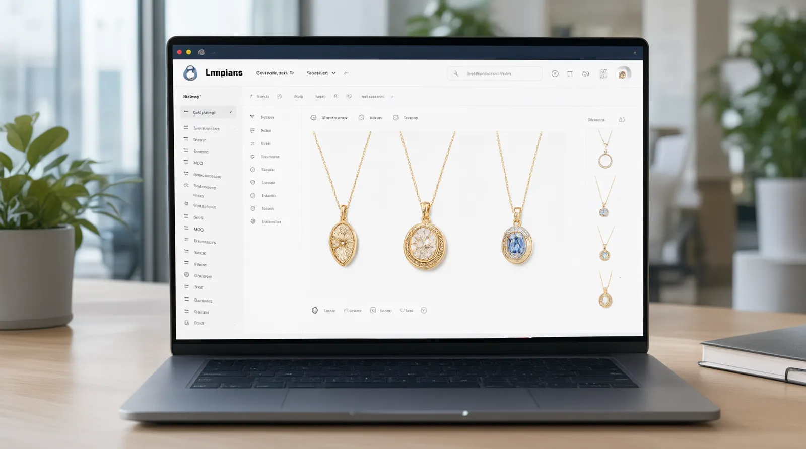 collares embarazadas - Interfaz de usuario simulada (mockup) de un portal de compras B2B mostrando filtros de selección para joyería de maternidad, incluyendo opciones de material, tipo de baño metálico y cantidad mínima de pedido