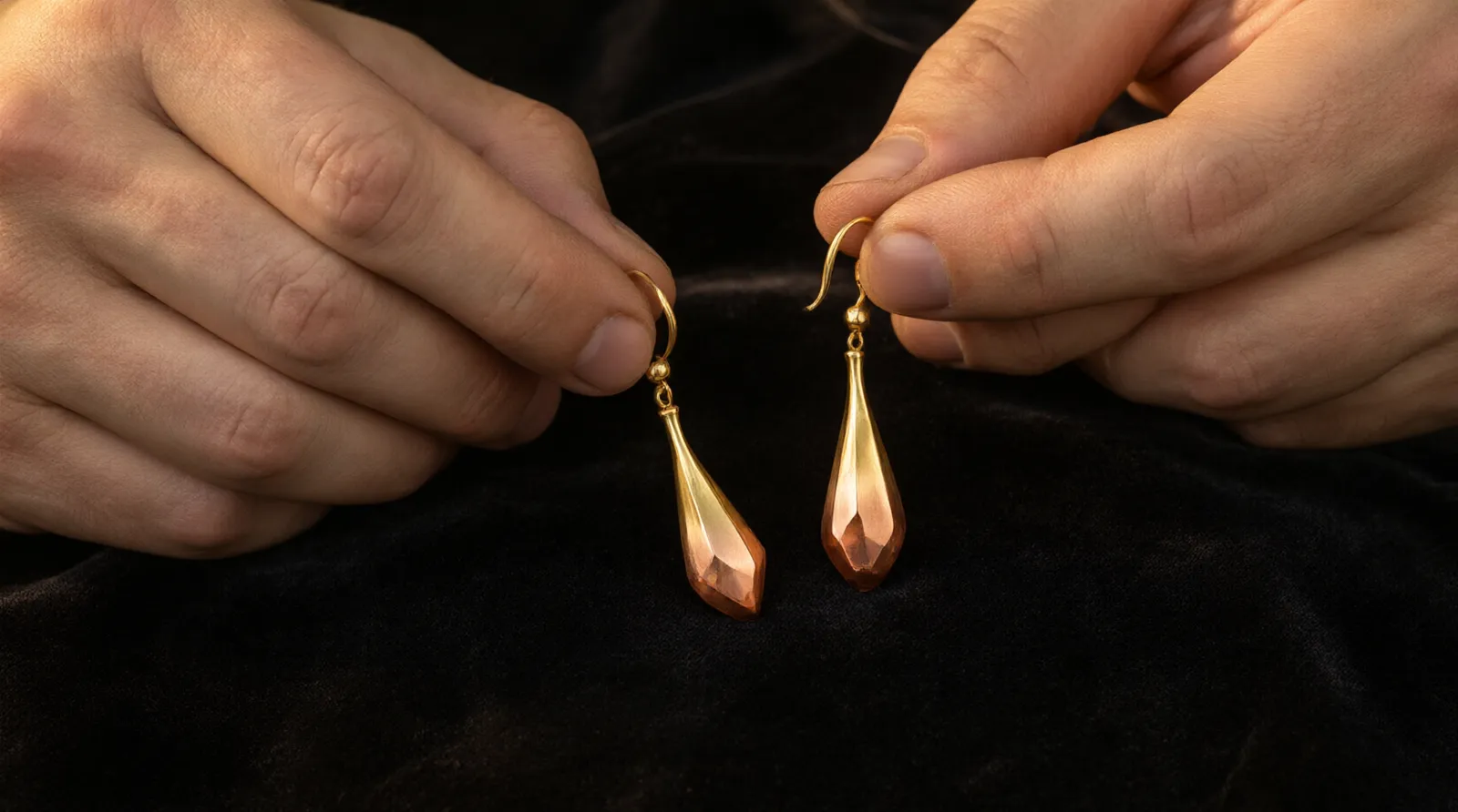 bijoux boucle d'oreille - Photorealistic close-up of a jeweler's hands inspecting gold-plated copper drop earrings on a dark velvet tray, warm directional studio light highlighting the gradient crystal details and smooth metal finish