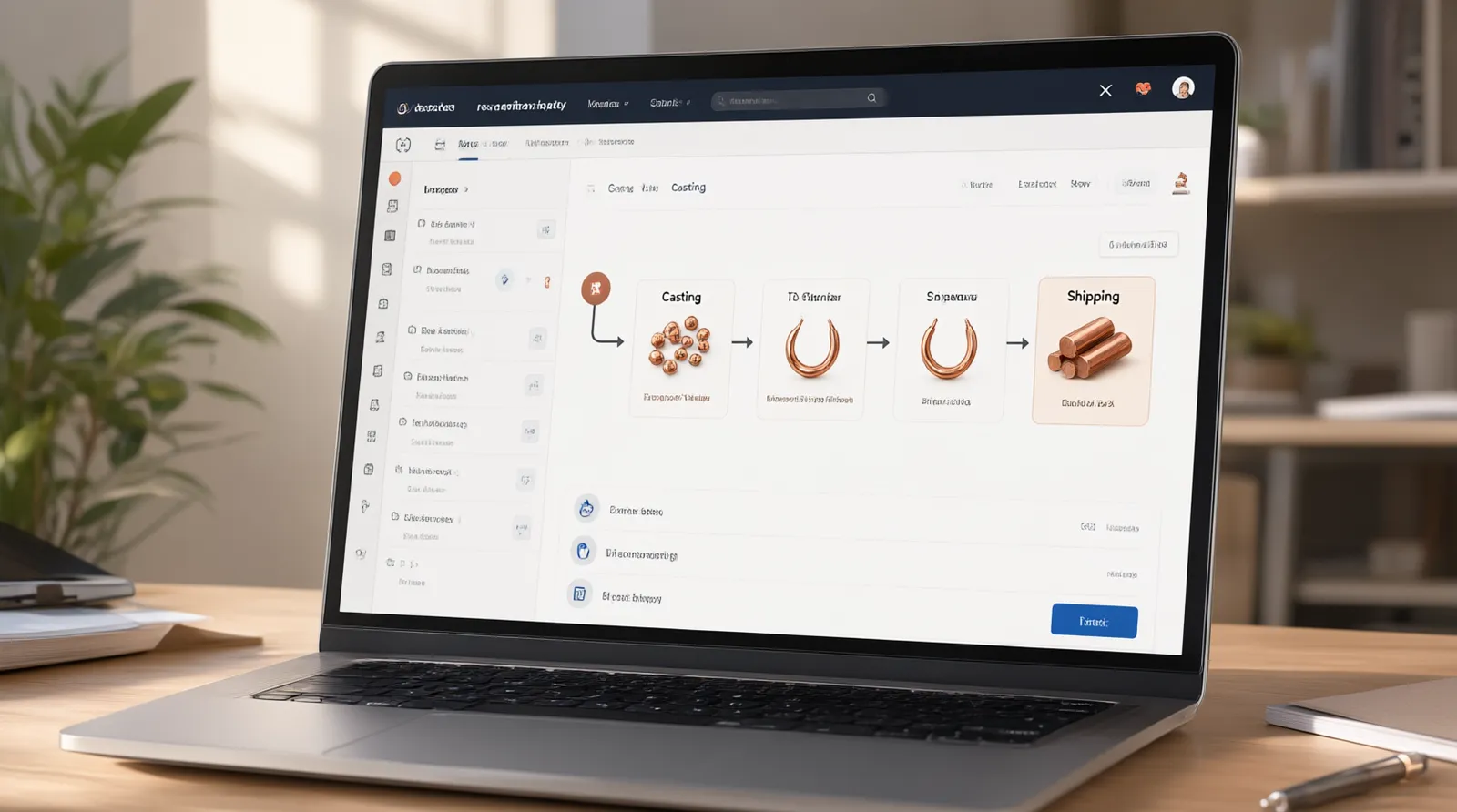 مصادر النحاس - واجهة مستخدم افتراضية (UI Mockup) لنظام تتبع طلبات B2B يوضح مراحل تصنيع أقراط نحاسية من مرحلة الصب، الطلاء، الفحص الداخلي، وحتى الشحن