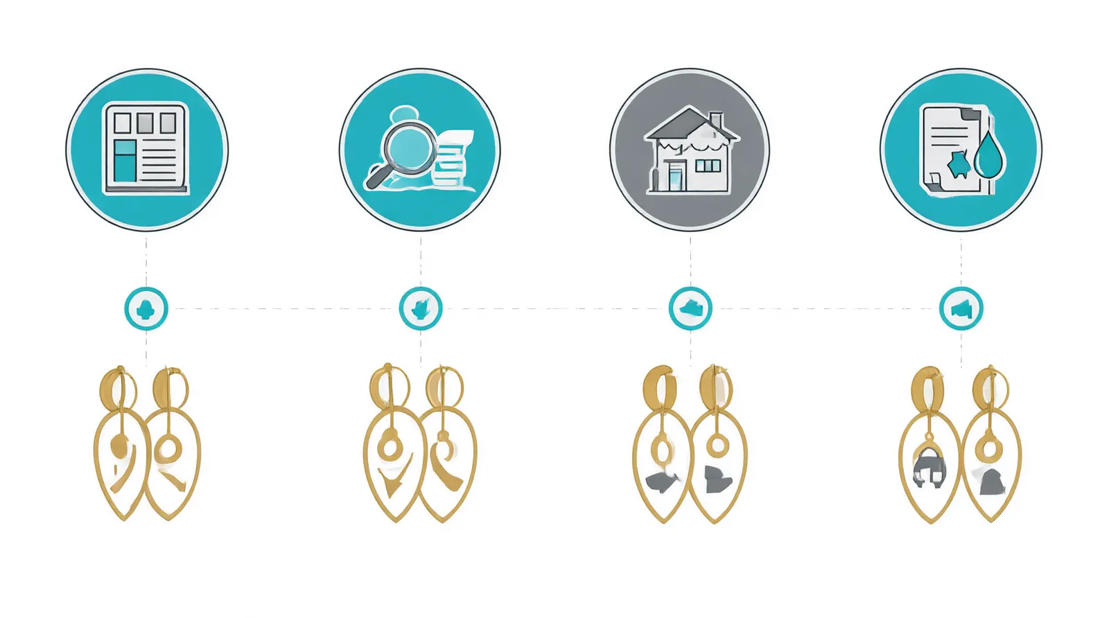 bijoux boucle d'oreille - Clean flat-design infographic showing the four stages of sourcing earrings from China to overseas buyers: 1. Catalog Selection (icon: grid of earring shapes), 2. QC Inspection (icon: magnifying glass over a gem), 3. Shipping Choice (icons: plane, ship, truck), 4. Delivery (icon: storefront). Teal, gold, and slate gray color palette, white background
