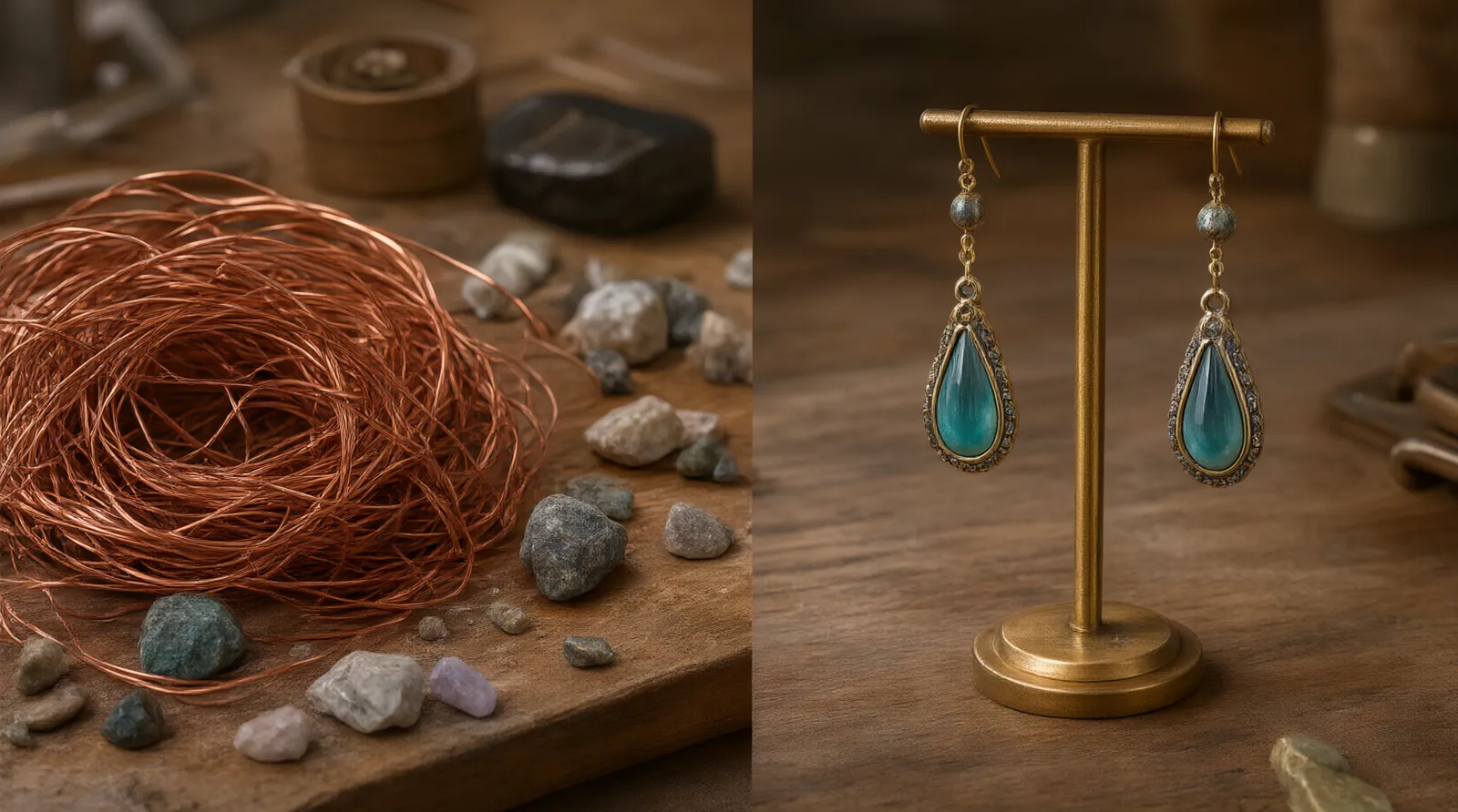 bijoux boucle d'oreille - Editorial conceptual photo showing a split workspace: on the left, raw materials like copper wire, loose glass beads, and natural stones arranged neatly; on the right, three finished pairs of custom drop earrings displayed on minimalist brass stands. Soft overhead lighting, shallow depth of field blurring the background