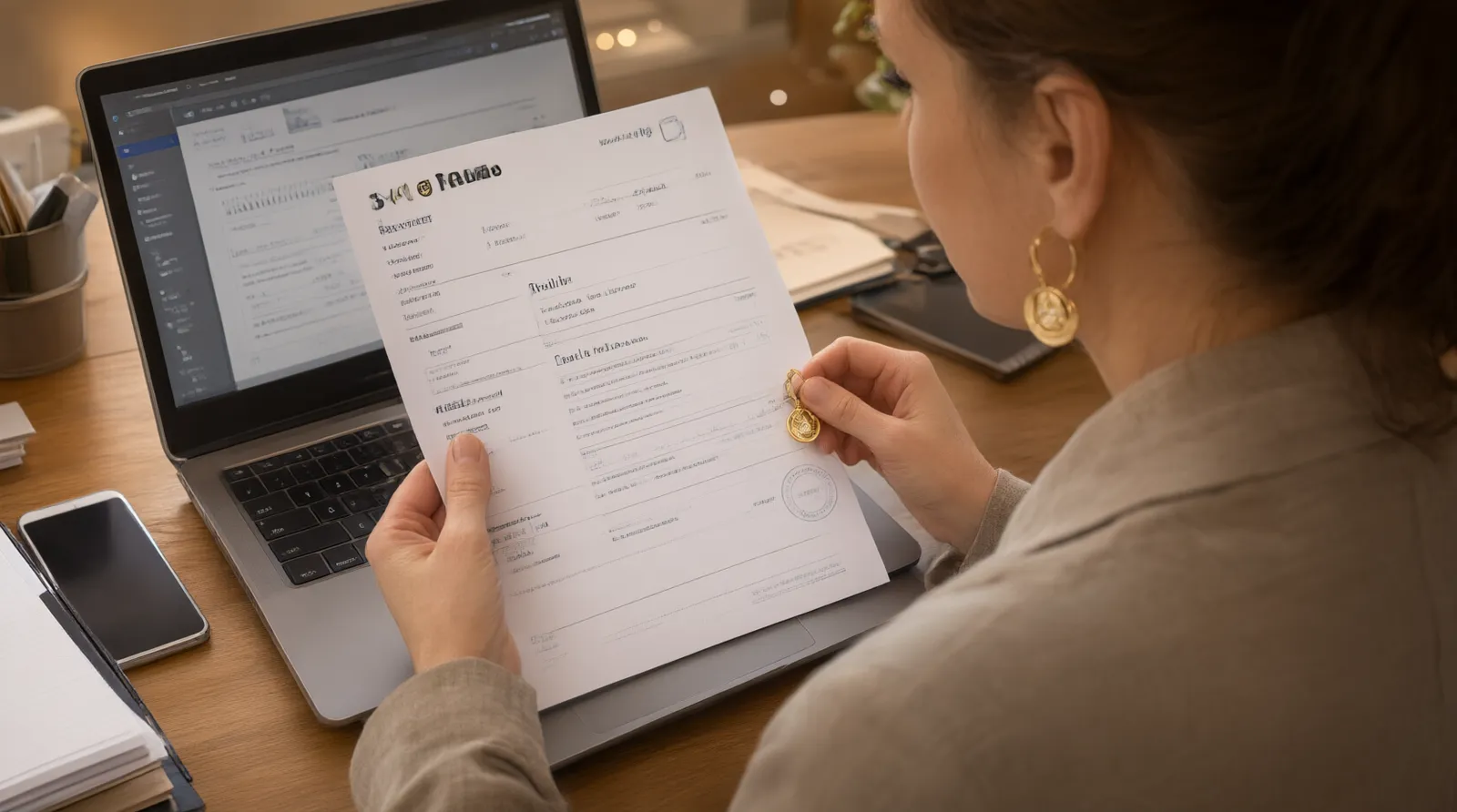 zoll von china nach deutschland - Photorealistic over-the-shoulder shot of a procurement manager reviewing a commercial invoice for gold-plated copper earrings on a laptop screen, warm office lighting, shallow depth of field, documentary photography style