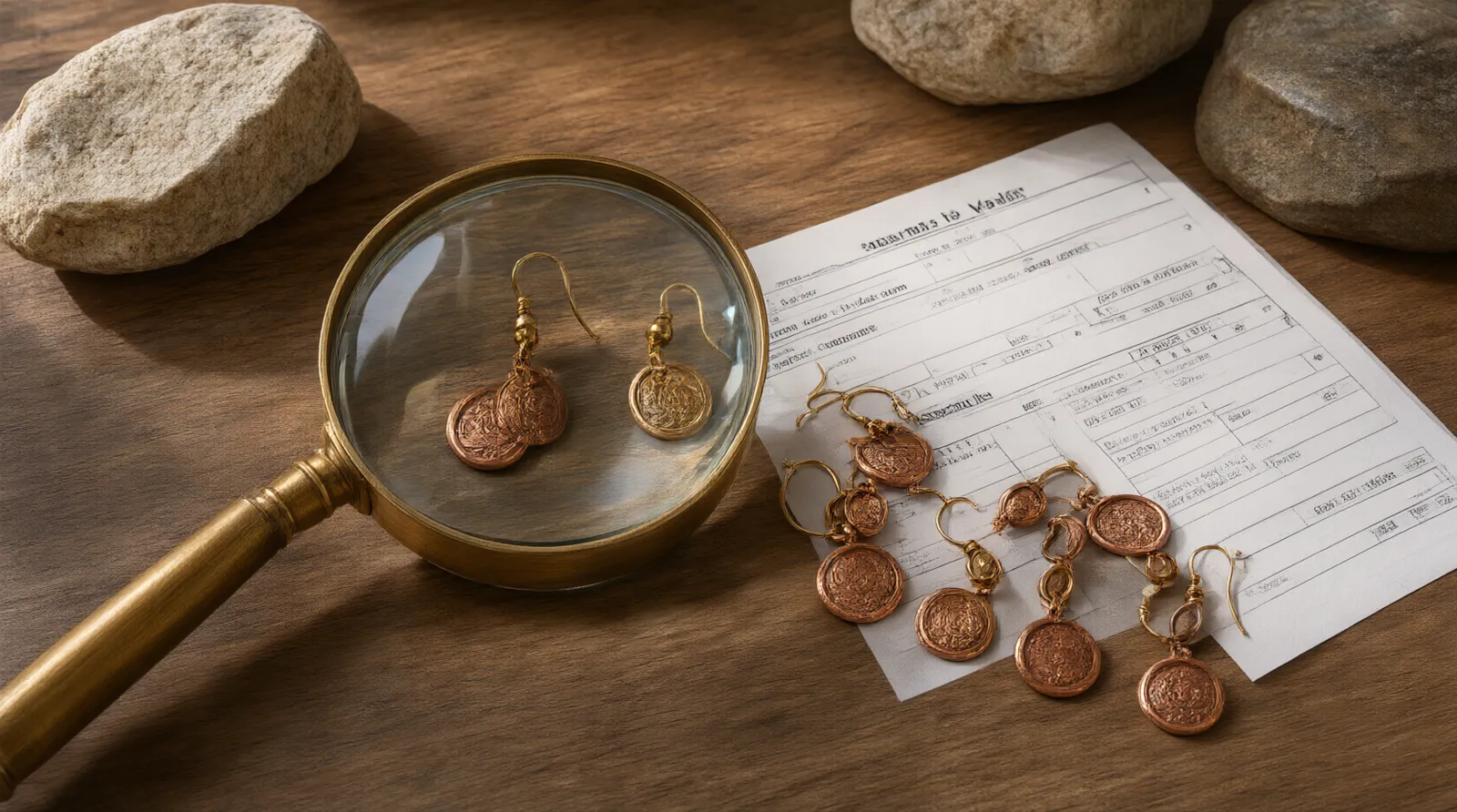 zoll von china nach deutschland - Editorial conceptual photo showing a top-down view of a wooden desk with a vintage brass magnifying glass resting next to two gold-plated copper drop earrings, a stamped customs declaration form, and a small natural stone, soft natural window light highlighting textures