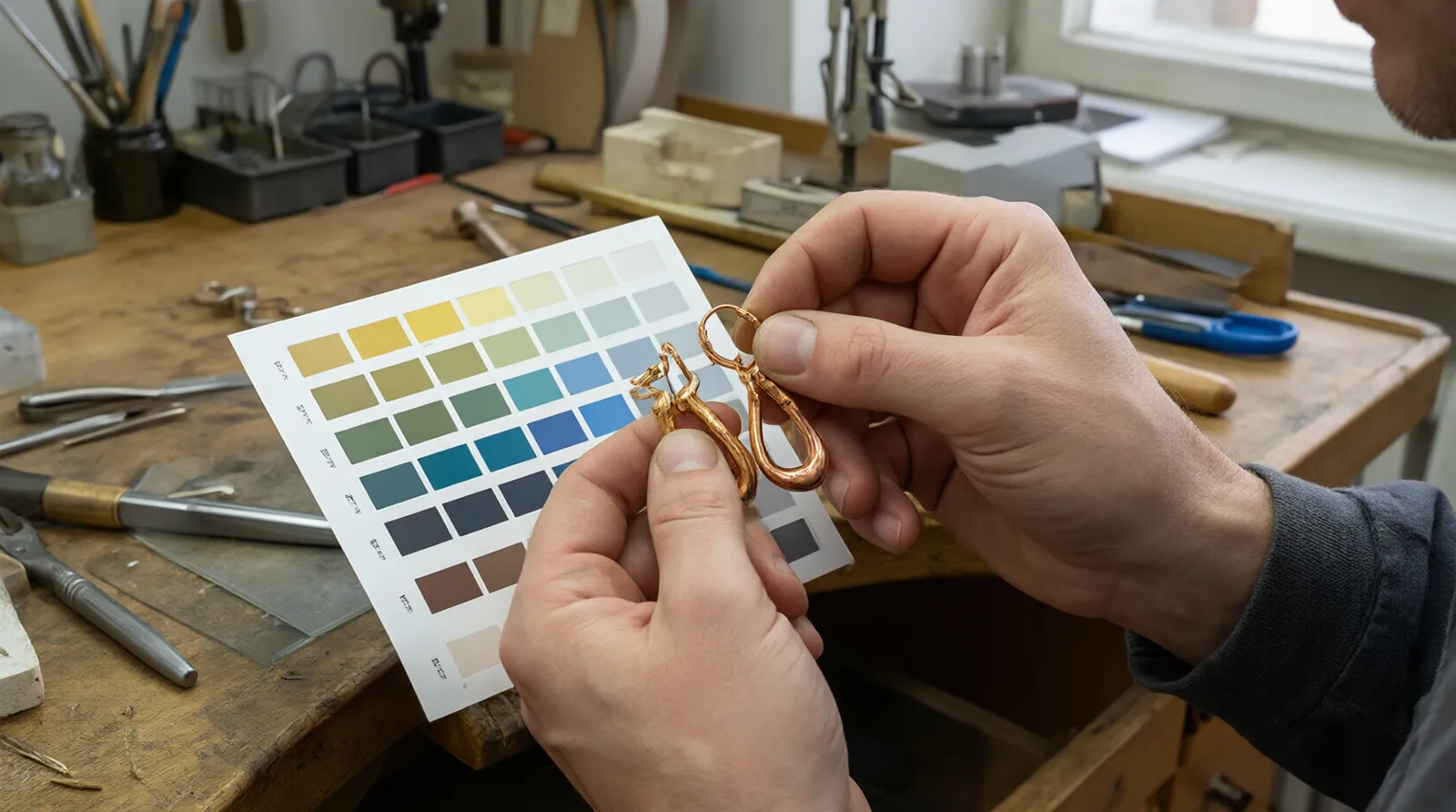custom jewelry - A photorealistic close-up of a quality control inspector in a workshop examining the clasp mechanism and plating consistency of a gold-plated copper drop earring against a standardized color-matching chart.