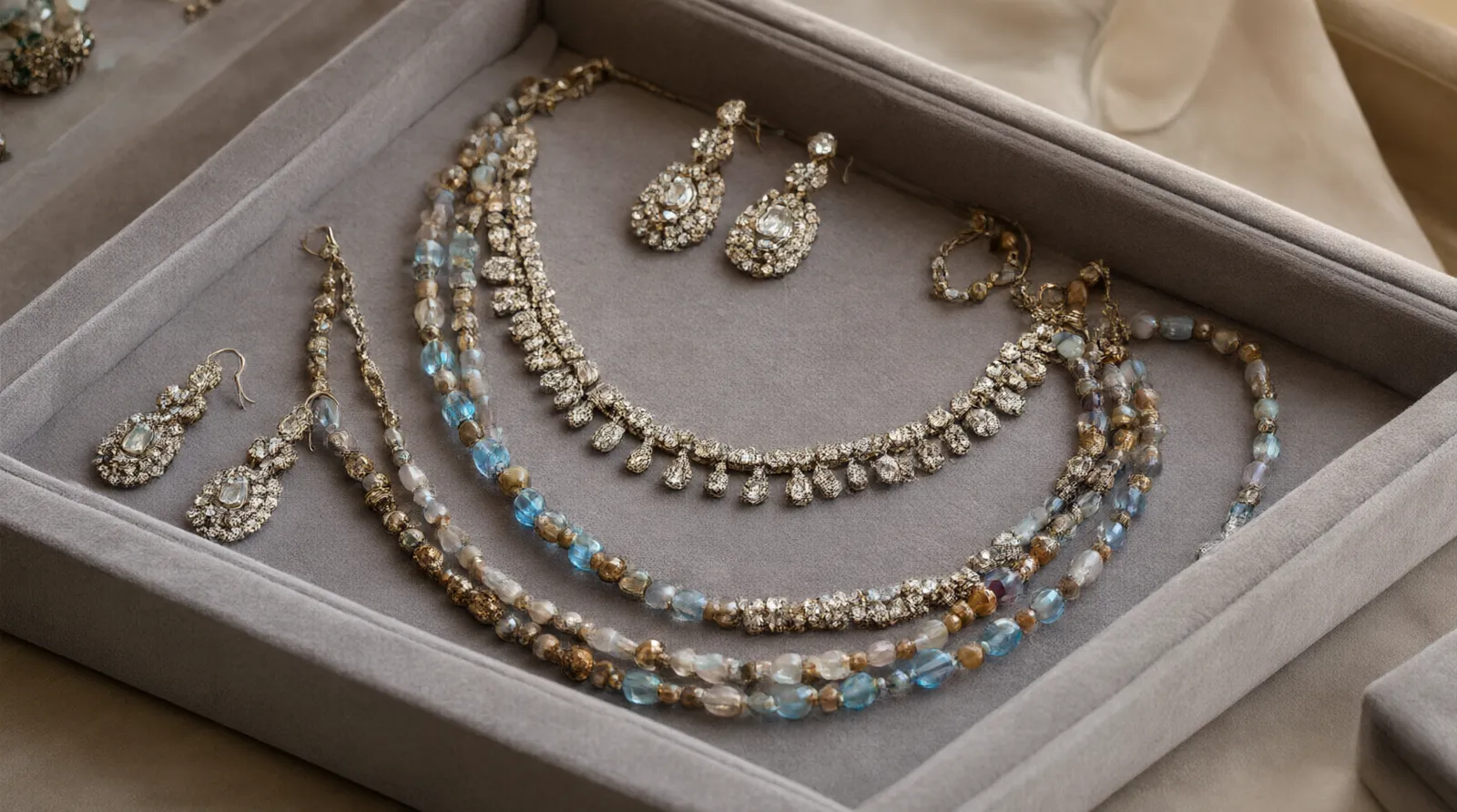 custom jewelry - An editorial photo showing a neatly organized B2B wholesale display tray containing matching necklace and earring sets in vintage rhinestone and two-tone glass bead styles, ready for DTC brand photography.