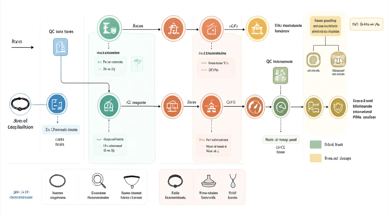 collares pegados al cuello - Diagrama de flujo logístico mostrando la ruta de producción de chokers desde talleres en Hangzhou hasta centros de distribución DTC en EE. UU., UE y MENA, incluyendo puntos de inspección QC