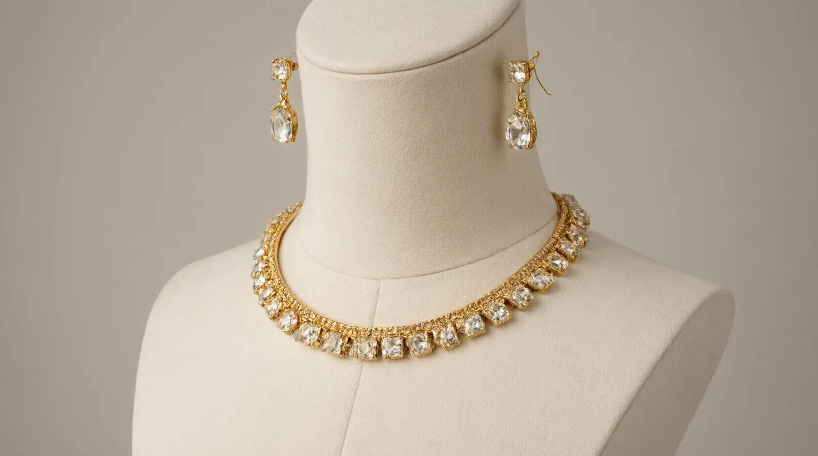 collares pegados al cuello - Fotografía editorial de estudio mostrando un conjunto coordinado de choker de cristales degradados y pendientes de gota sobre un maniquí, destacando la uniformidad del baño de oro en ambas piezas