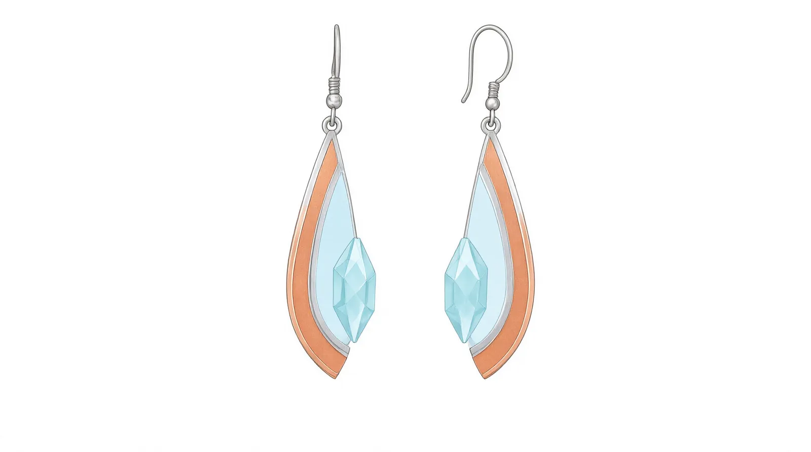 bijoux de mariage - Clean flat-design infographic showing the material composition of a bridal drop earring, with distinct color zones pointing to the copper base, rhodium plating layer, glass bead core, and crystal accent, white background, professional sourcing guide style