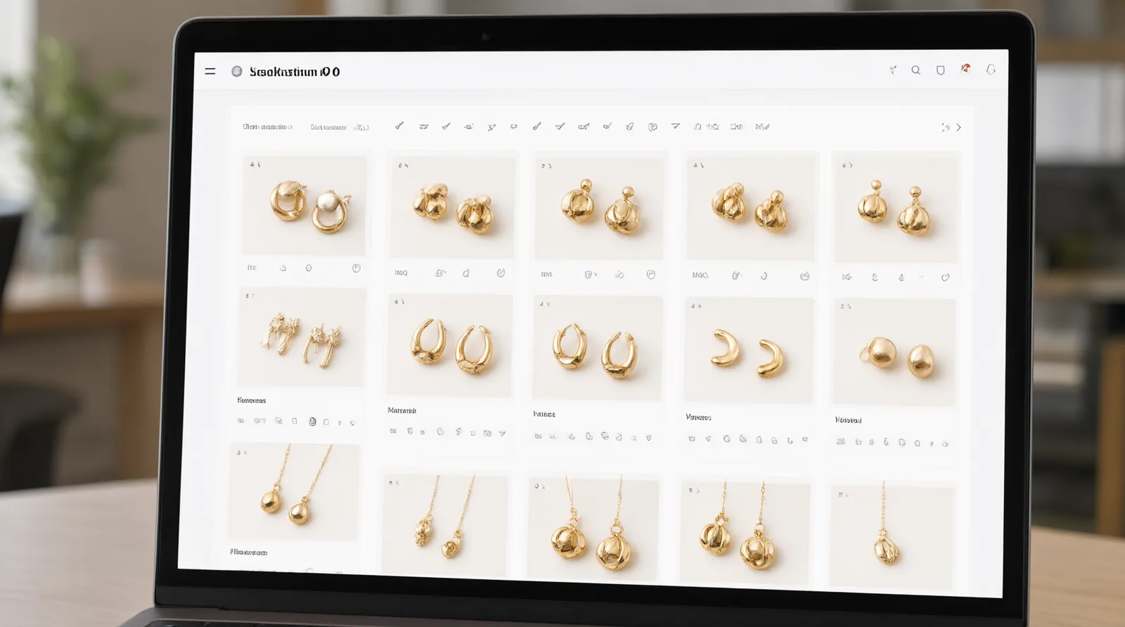 bijoux de mariage - Annotated UI mockup of a B2B jewelry sourcing platform on a laptop screen, displaying a grid of 114 bridal earring styles with filter tags for 'gold-plated', 'glass bead', and 'MOQ 12', clean interface design, soft office lighting