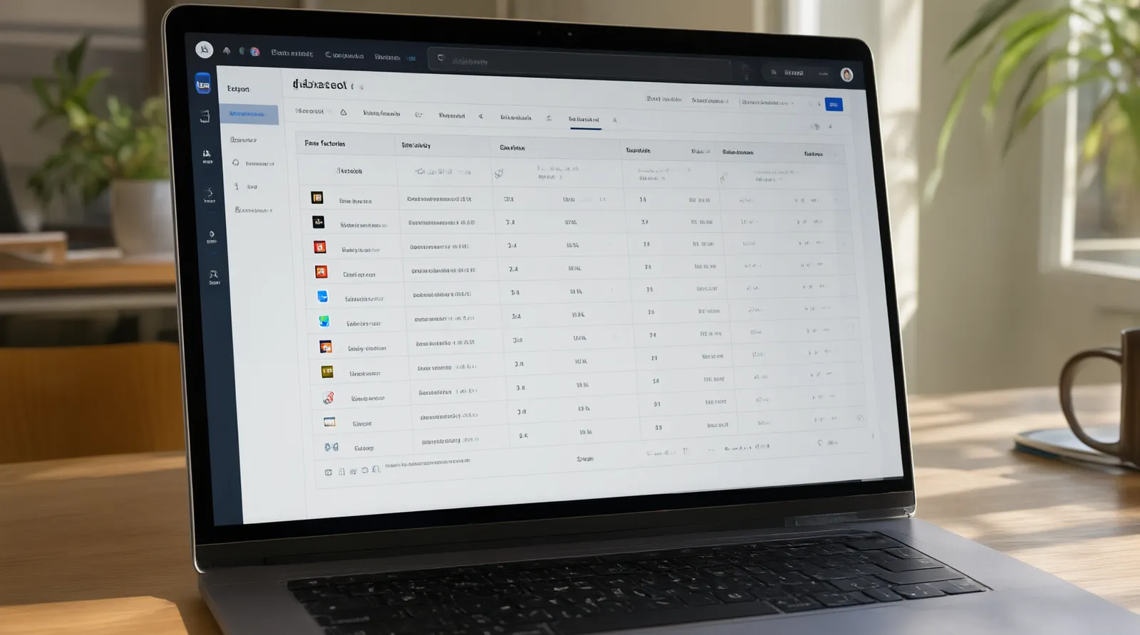 高级珠宝 - MacBook屏幕上现代B2B采购后台的UI标注示意图,显示高级珠宝工厂的供应商对比表,列有MOQ、交期、认证状态和打样费用,屏幕上有柔和的日光反射