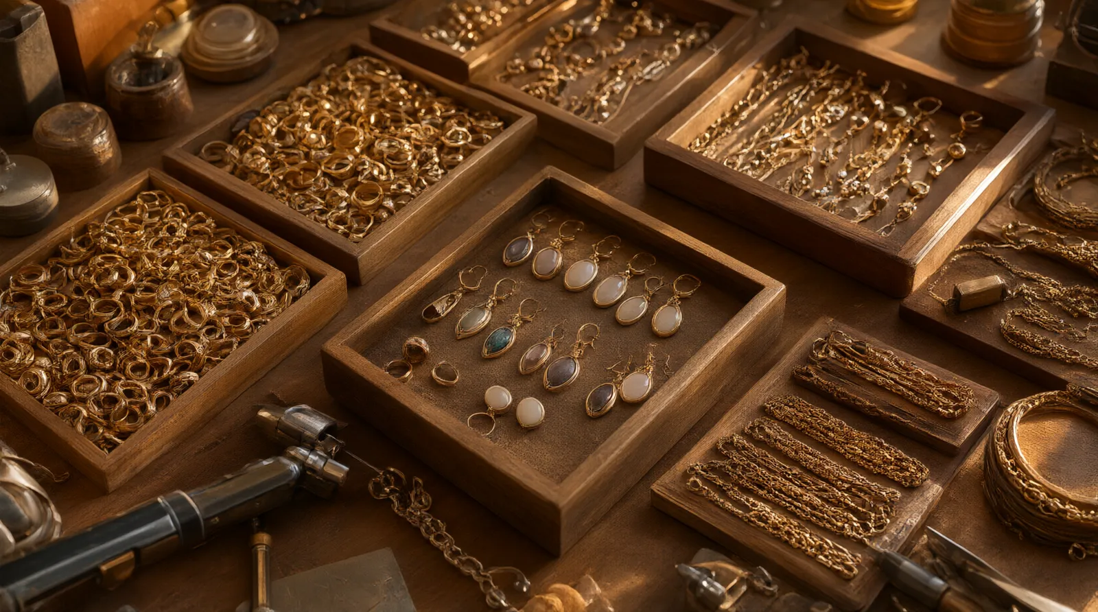 bulk of jewelry - Photorealistic top-down shot of a jeweler's wooden workbench displaying sorted trays of finished gold-tone rings, drop earrings, and chain bracelets ready for bulk packaging, warm natural window light, shallow depth of field, documentary photography style