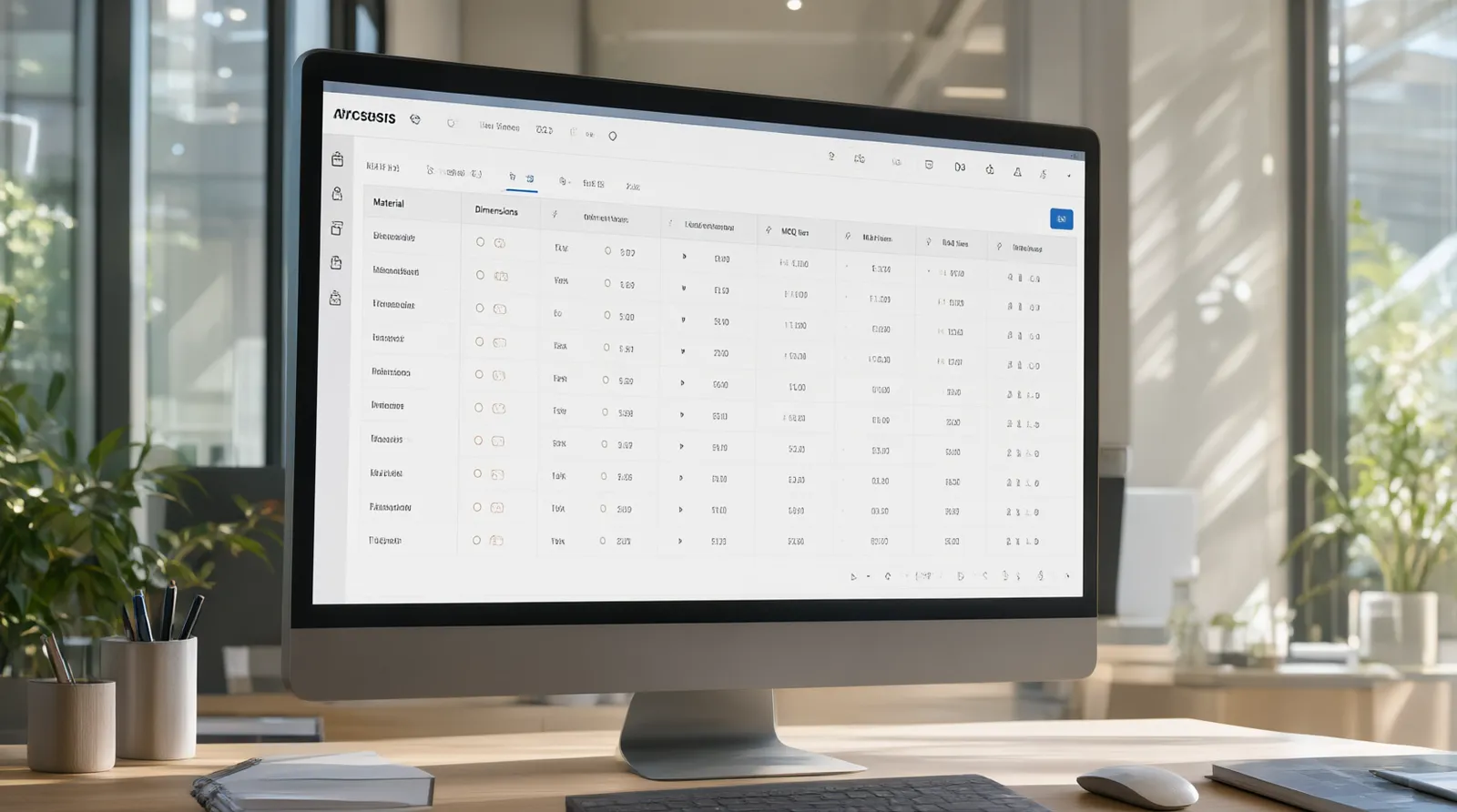 bulk of jewelry - Annotated UI mockup of a B2B wholesale ordering dashboard on a desktop monitor, displaying a data table of jewelry SKUs with columns for material type, dimension specs, MOQ tiers, and lead time estimates, soft daylight reflection on the screen