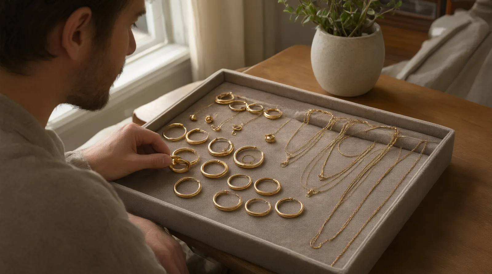jewelry wholesale fashion - Photorealistic over-the-shoulder shot of a procurement manager examining 18k gold-plated brass hoop earrings and layered necklaces laid out on a velvet tray, natural window light illuminating the metal finish, shallow depth of field focusing on the jewelry craftsmanship