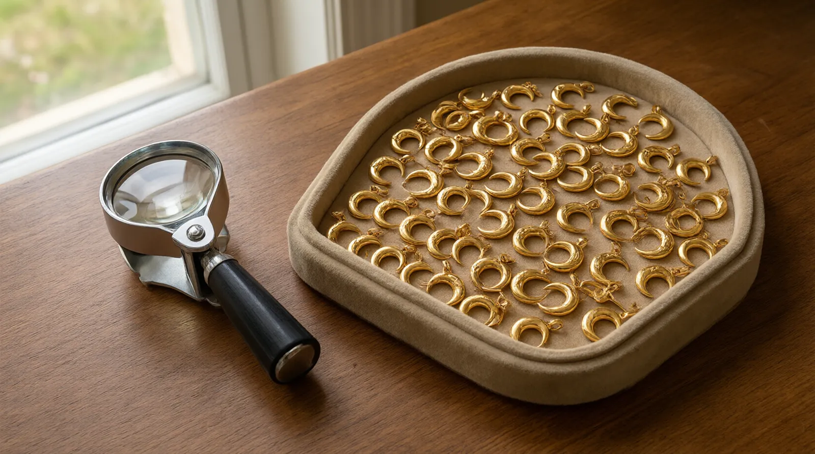 bulk of jewelry - Editorial conceptual photo of a polished wooden table holding a magnifying loupe resting beside a velvet tray filled with matching gold-plated crescent moon pendants, highlighting the uniformity achieved through bulk jewelry manufacturing, natural ambient lighting