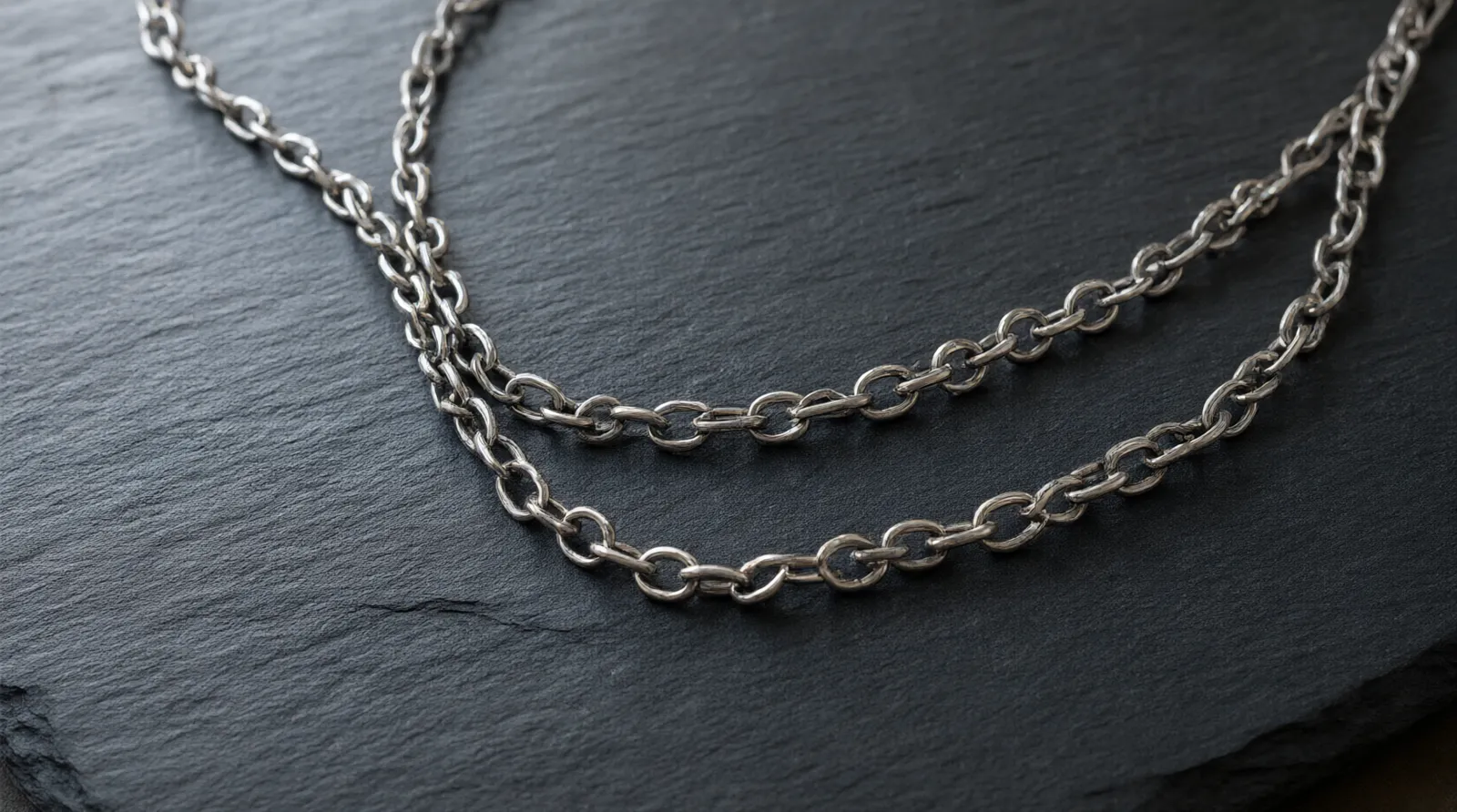 stainless necklace chain - Photorealistic close-up shot of a 7mm silver stainless necklace chain resting on dark slate, natural directional window light highlighting the interlocking link geometry and polished finish, shallow depth of field blurring the background