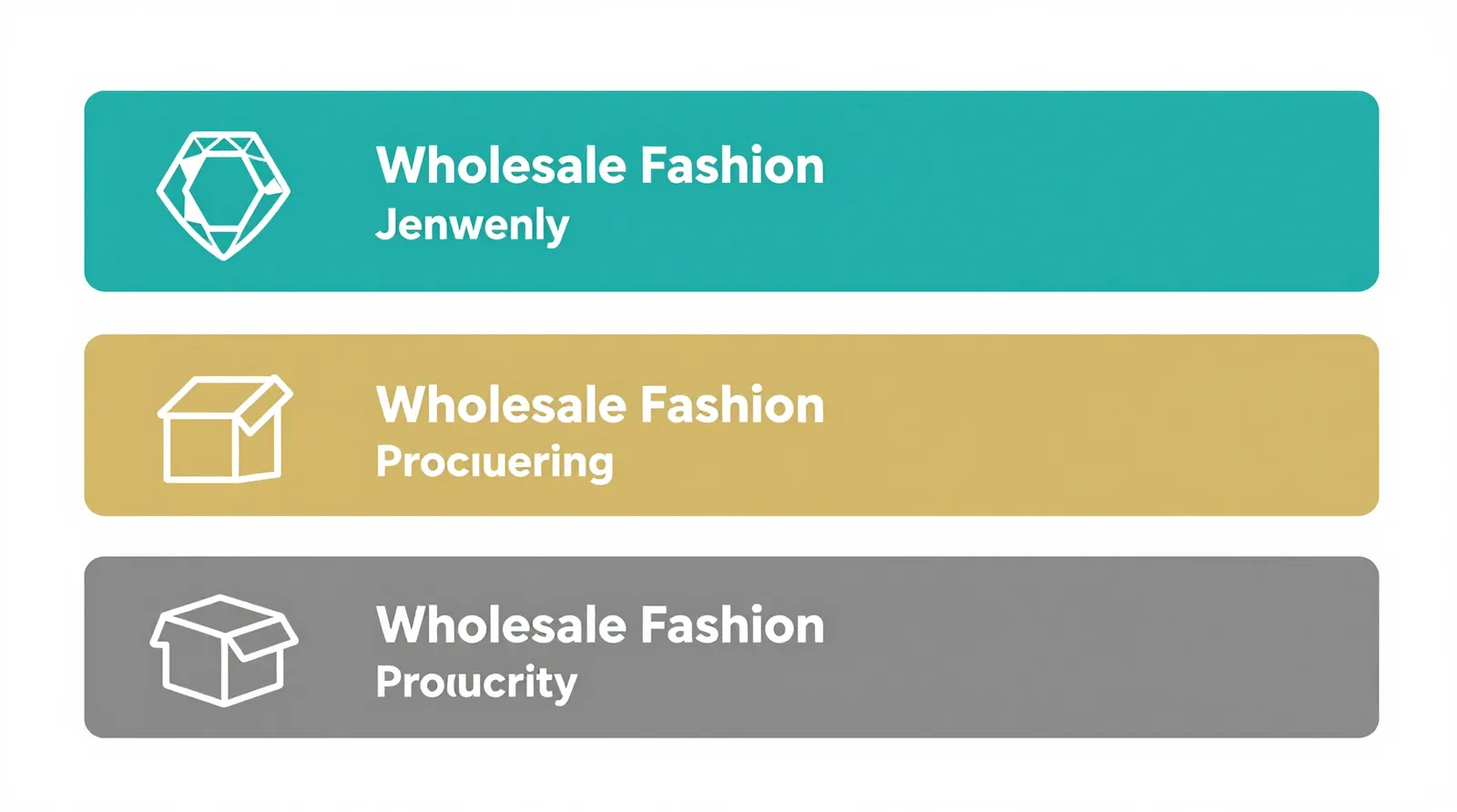 jewelry wholesale fashion - Clean flat-design infographic showing the sequential stages of wholesale fashion jewelry procurement, distinct teal/gold/gray color zones, simple icons representing material selection, quality inspection, packaging, and international freight shipping, white background