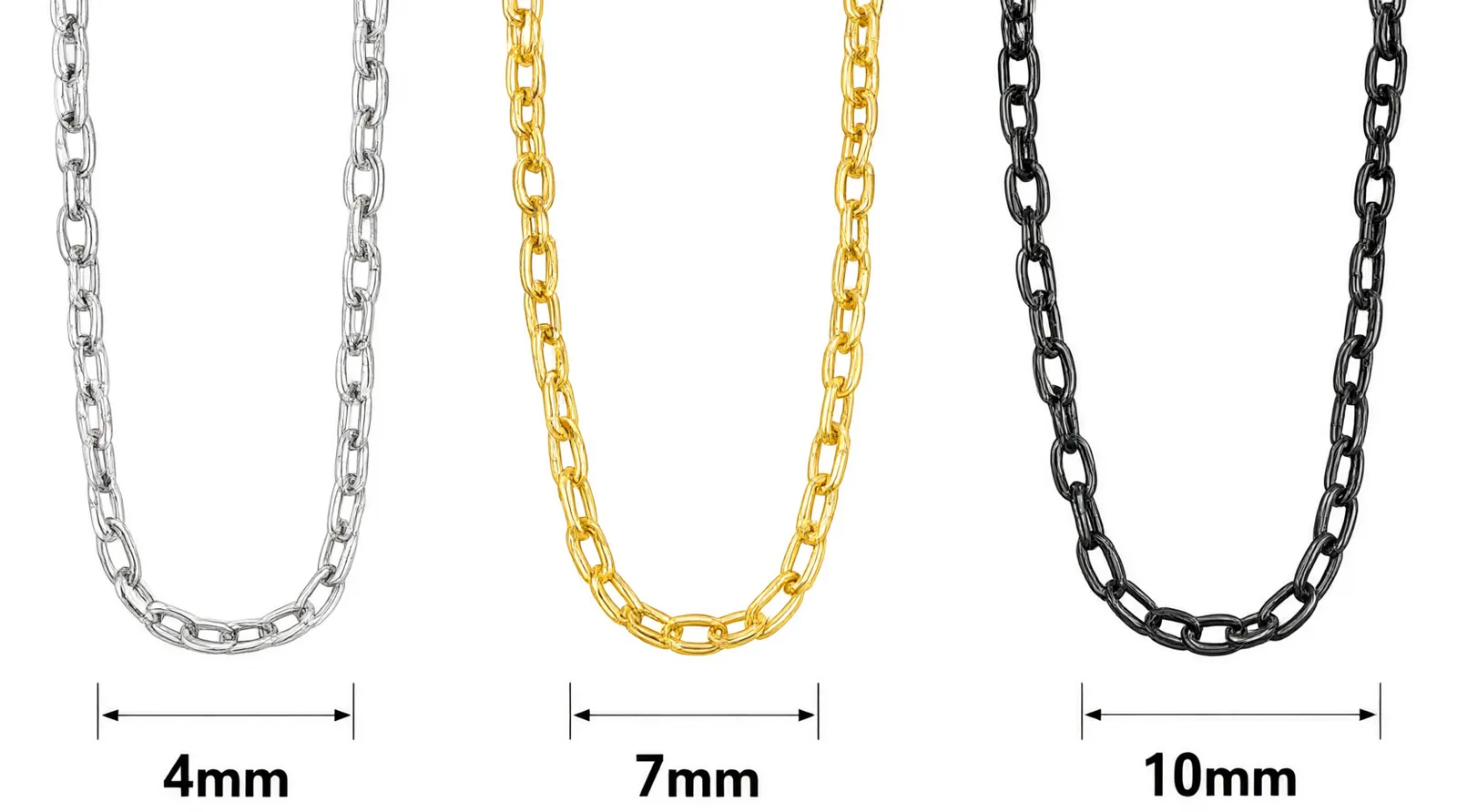 stainless necklace chain - Clean flat-design infographic comparing three stainless necklace chain widths (4mm, 7mm, 10mm), showing actual-scale link geometries side-by-side with distinct color zones for Silver, Gold, and Black PVD finishes, white background, simple measurement arrows indicating thickness