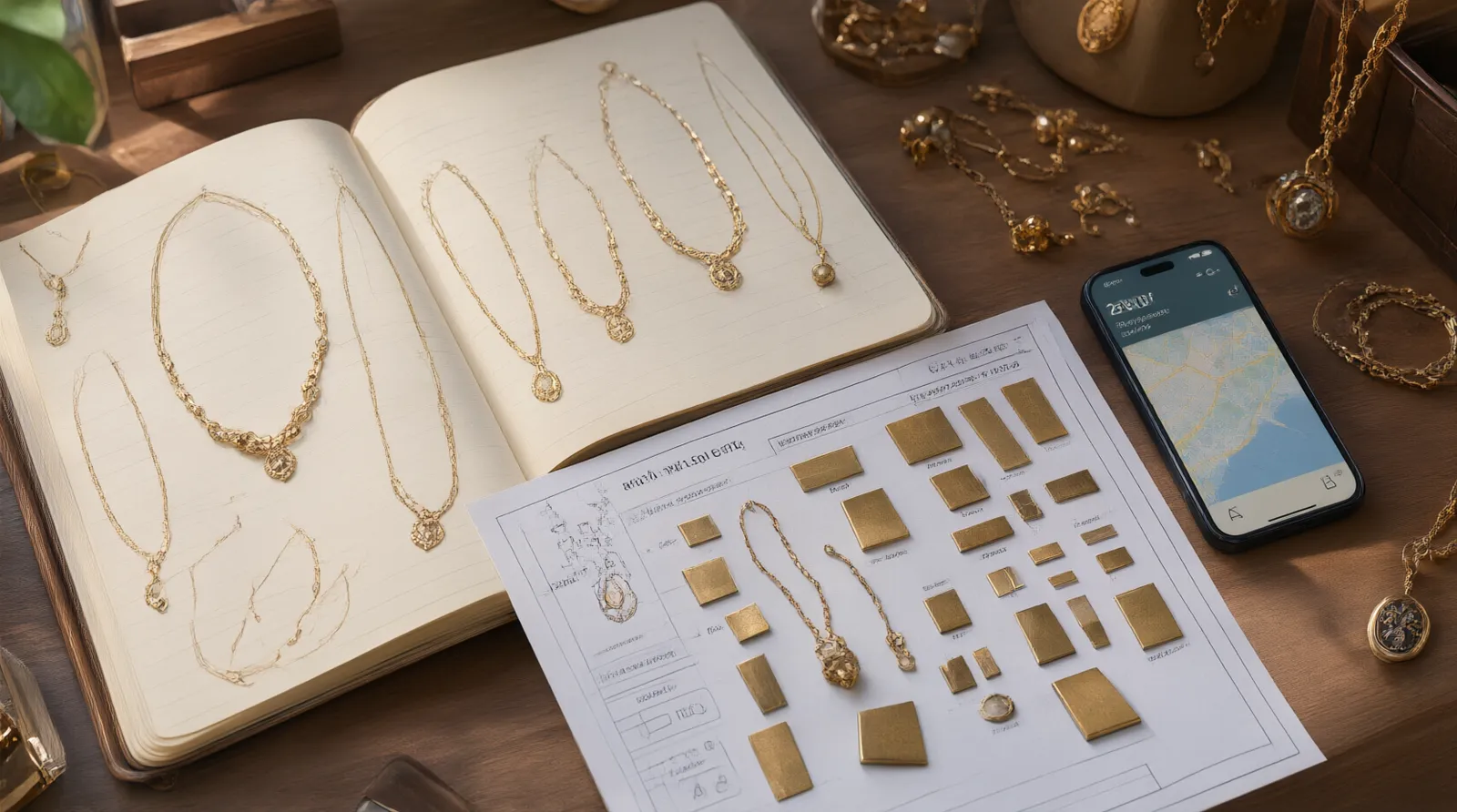 jewelry wholesale fashion - Editorial conceptual photo, top-down view of a procurement workspace: an open notebook with hand-drawn sketches of layered gold-tone necklaces, a smartphone displaying a freight tracking map, physical brass jewelry samples resting on a specification sheet, natural window light casting soft shadows, authentic working environment