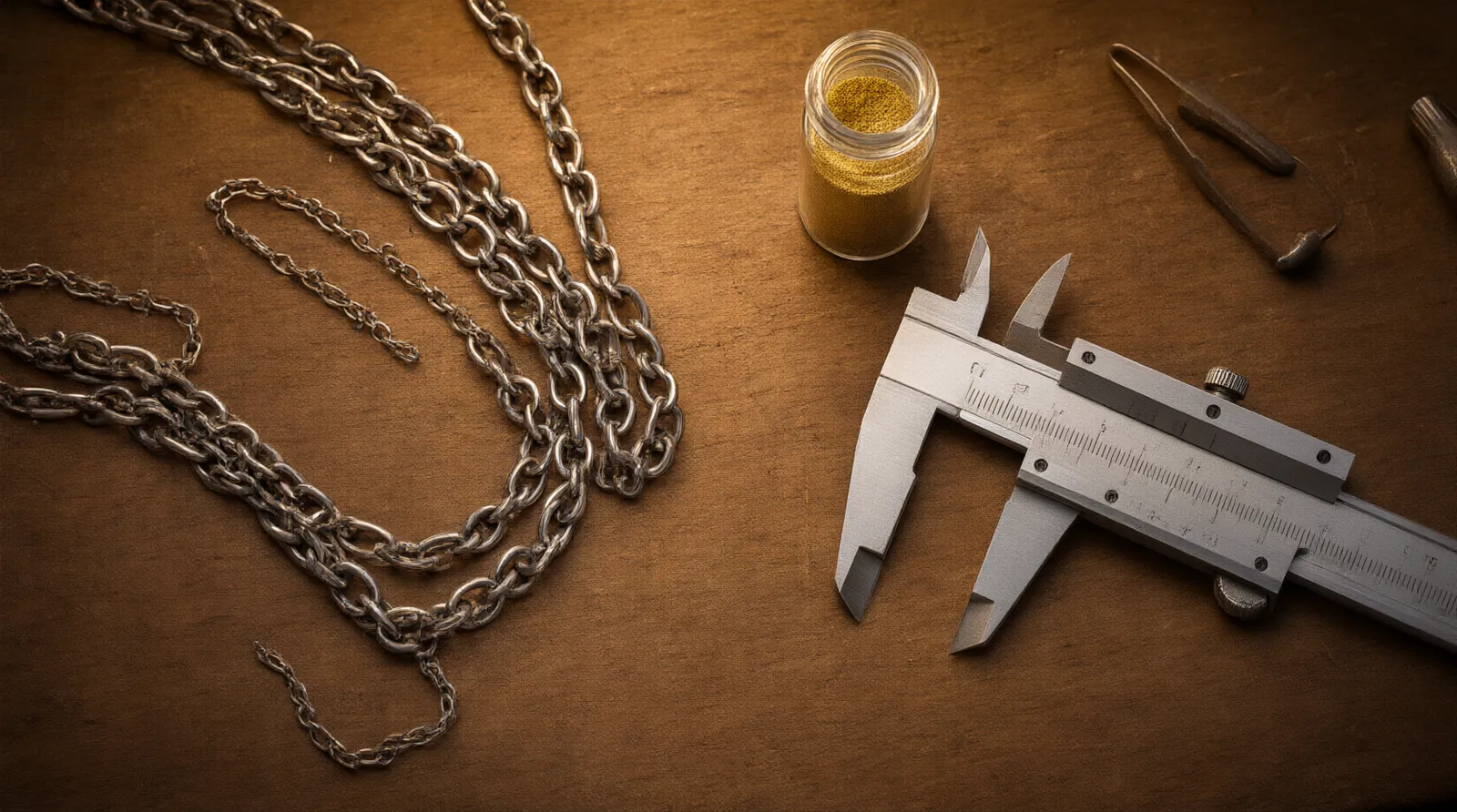 stainless necklace chain - Editorial conceptual photo of a jeweler's workbench showing a raw stainless necklace chain draped next to a caliper measuring a 4mm link, a small vial of PVD gold coating powder, and a branded STRAND packaging box, warm overhead workshop lighting, authentic documentary feel