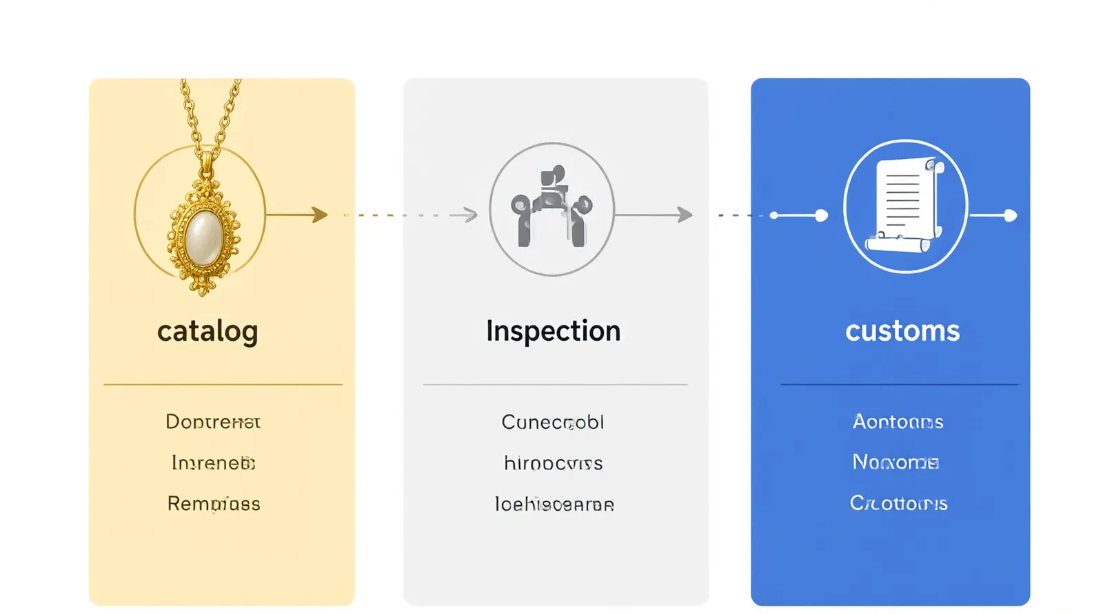 antiker modeschmuck - Informationsdiagramm, das den Beschaffungsprozess für antiken Modeschmuck von der Designauswahl im Katalog über die Qualitätskontrolle in der Werkstatt bis zum Zoll in Deutschland visuell darstellt.