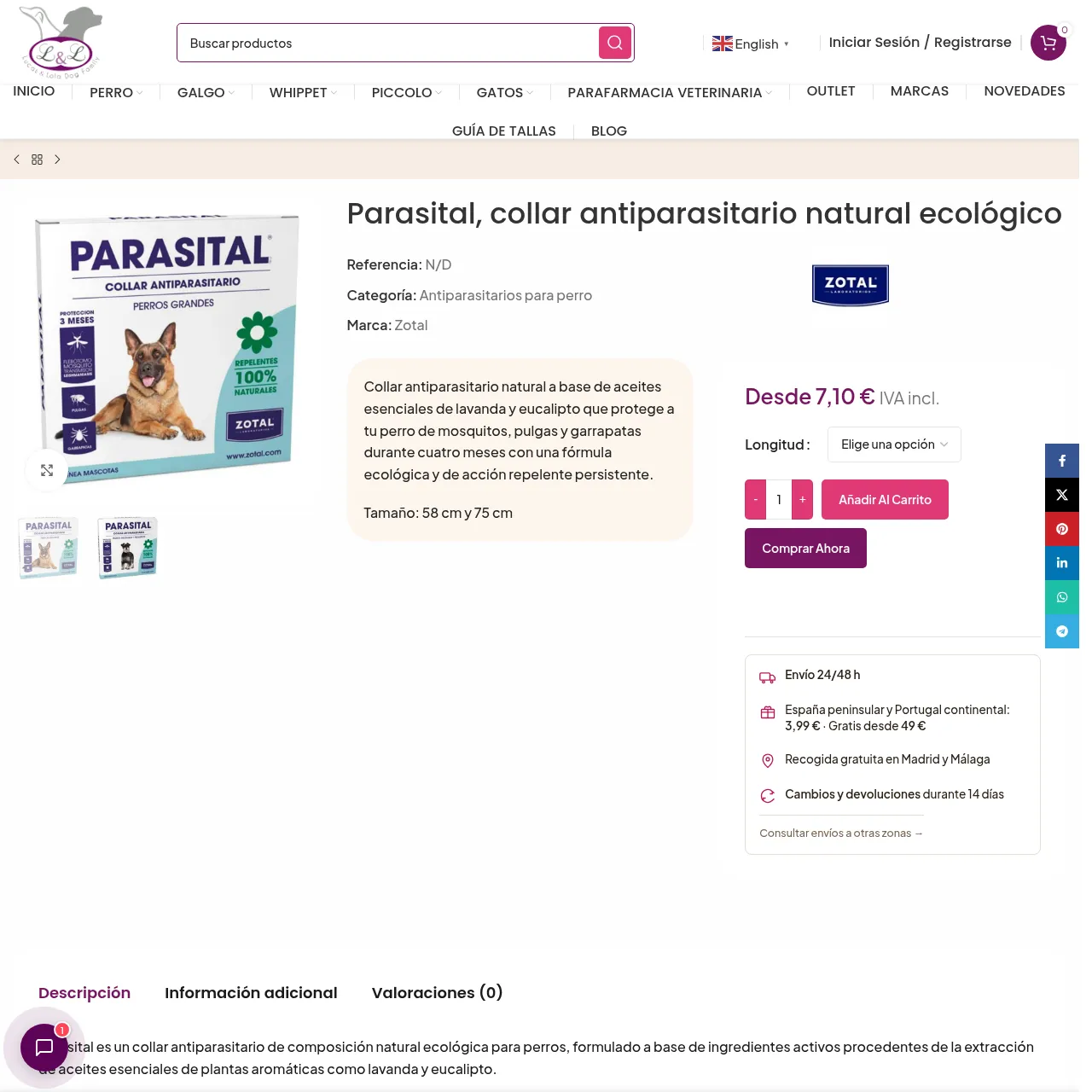 Parasital Natural Antiparasitic Collar for Dogs by Zotal interface