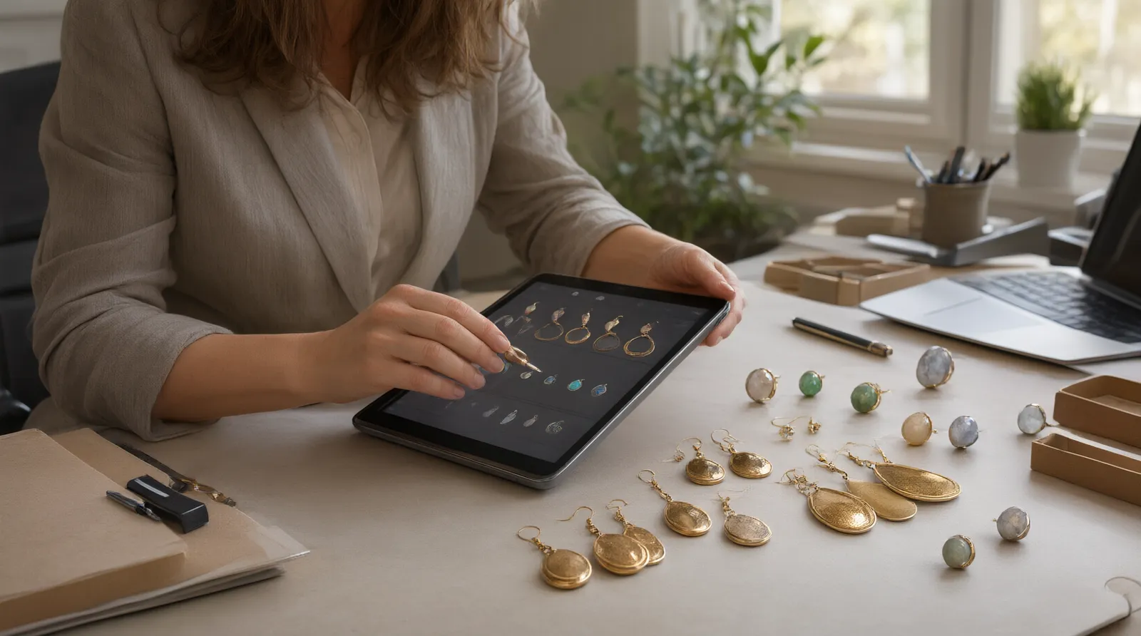 custom jewelry - A photorealistic scene of a procurement manager reviewing a 114-style jewelry catalog on a tablet, alongside physical samples of gold-plated copper drop earrings and natural stone stud earrings on a desk