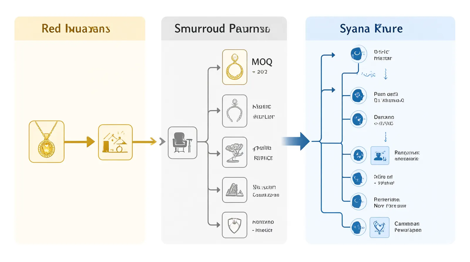 custom jewelry - An informational diagram mapping out the decision tree for jewelry buyers, branching from "Are you buying for resale?" down to specific supplier types based on MOQ, material needs, and trade terms