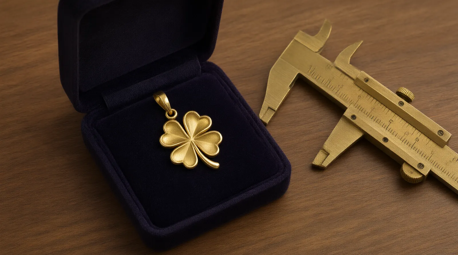 kleeblatt schmuck - Editorial conceptual photo of an open velvet jewelry box containing a gold-plated four-leaf clover pendant, placed next to a handwritten procurement checklist and a brass caliper on a wooden desk, soft directional lighting highlighting the metal texture