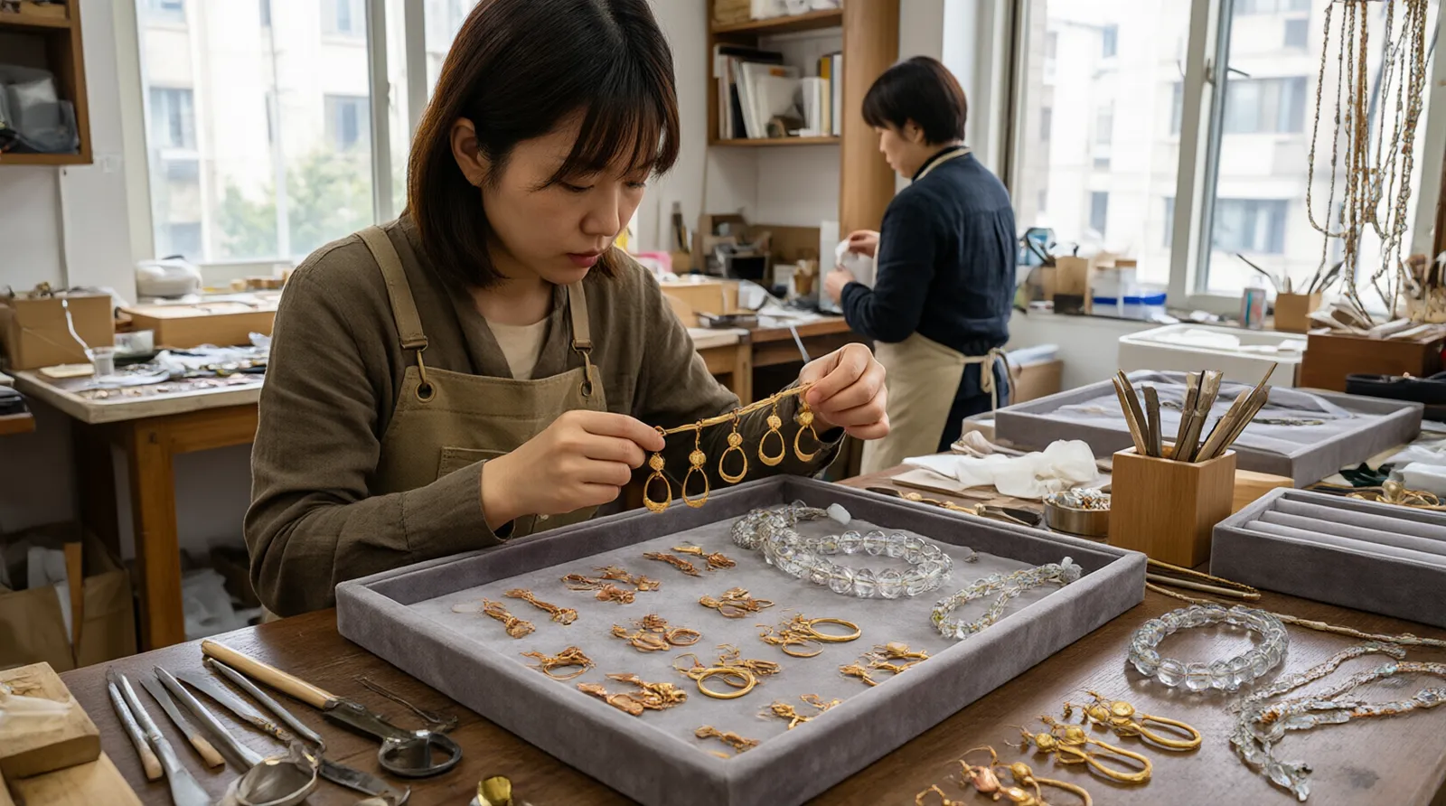 bijoux personnalisables - Photorealistic scene of a procurement specialist examining gold-plated copper drop earrings and glass bead necklace sets on a velvet display tray in a bright Hangzhou workshop, natural window light highlighting the gradient crystal details, documentary photography style