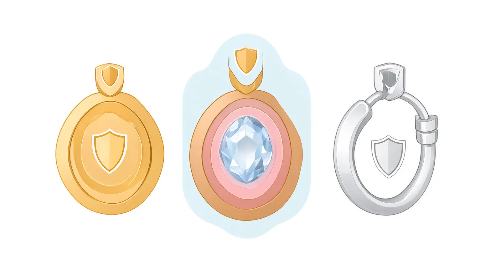 bijoux personnalisables - Clean flat-design infographic showing the material composition of custom OEM earrings, divided into three distinct color zones: gold-plated copper base, gradient crystal centerpiece, and rhodium-plated clasp, with simple icons indicating durability and hypoallergenic properties