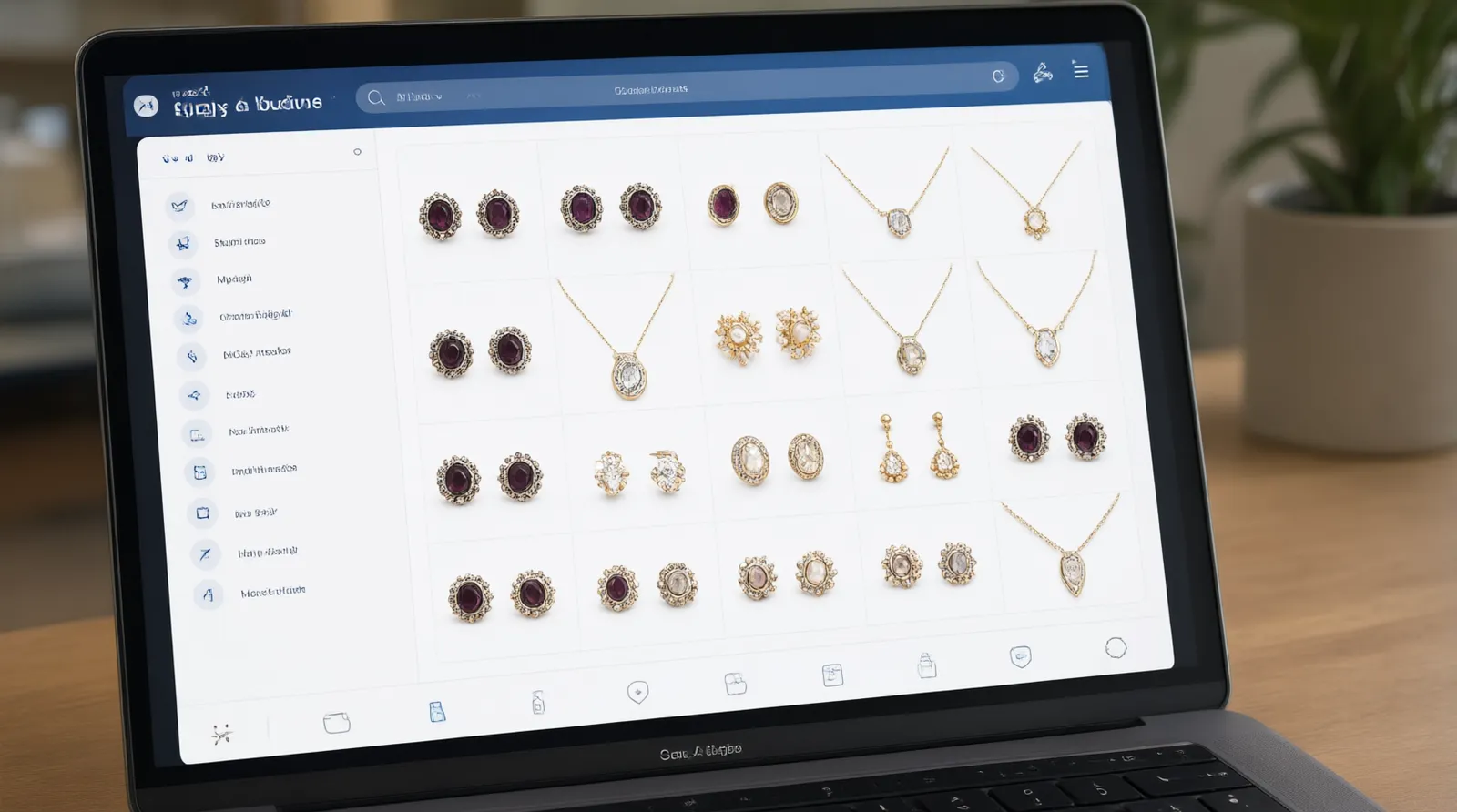 bijoux personnalisables - Annotated UI mockup of a B2B wholesale ordering dashboard on a laptop screen, displaying a grid of vintage-style stud earrings and necklace sets, with sidebar filters for 'MOQ', 'Plating Type', and 'Shipping Method (Air/Sea)', soft office lighting