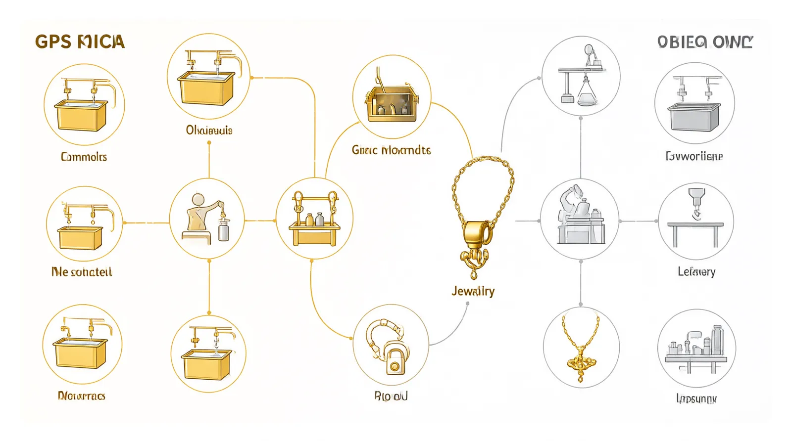 collares para perros con gps - Diagrama técnico que muestra la superposición entre la fabricación de componentes metálicos para collares GPS de mascotas y las técnicas de chapado en oro y rodio utilizadas en joyería de moda, destacando nodos de producción compartidos en talleres chinos