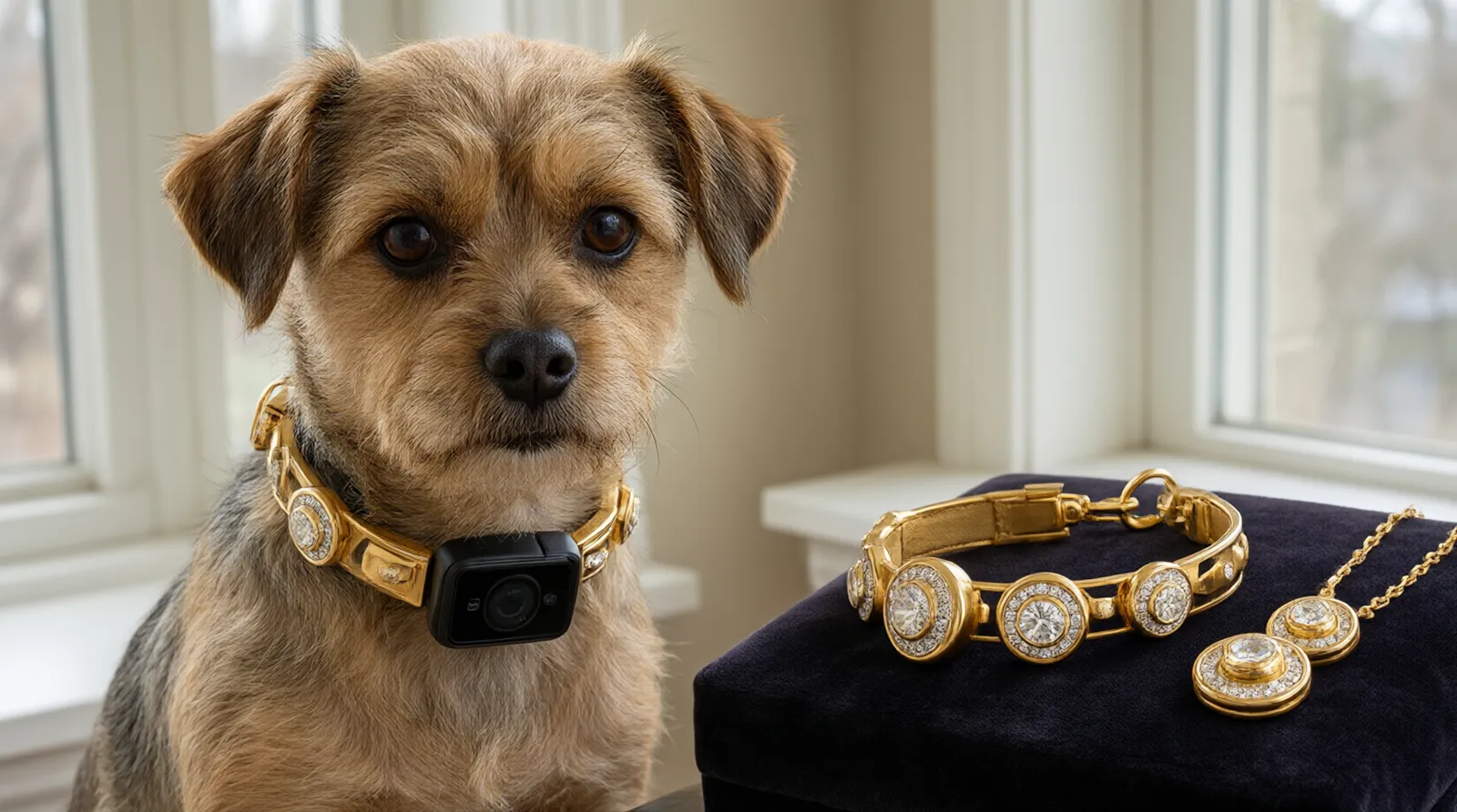 collares para perros con gps - Fotografía editorial de un perro de raza pequeña luciendo un collar GPS cuya carcasa exterior está decorada con motivos de joyería de moda, incluyendo detalles de cristal y metal chapado en oro, exhibido junto a un conjunto de collar y aretes a juego para su dueña