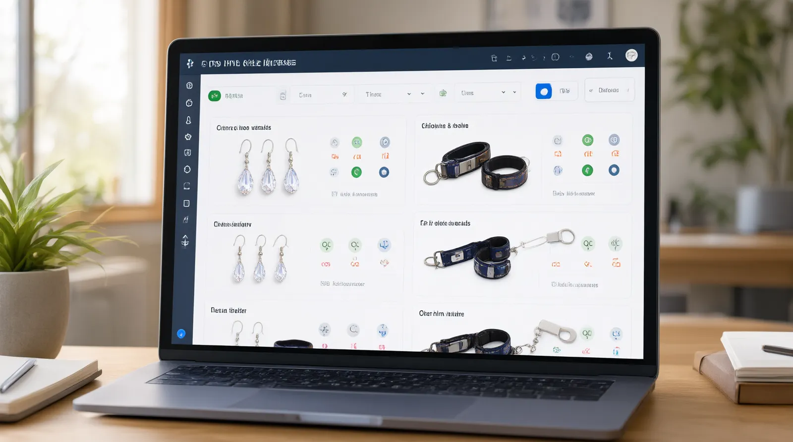 collares para perros con gps - Interfaz de usuario anotada de un panel de control de compras B2B mostrando un pedido consolidado que incluye aretes de cristal y collares GPS personalizados, con indicadores de estado de control de calidad, términos FOB y selección de método de envío
