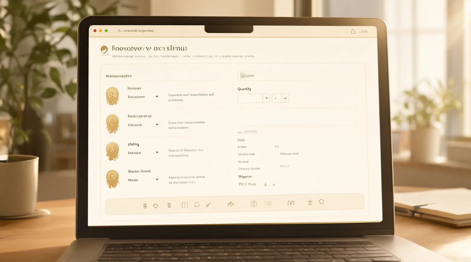 انتيكا دبي - واجهة مستخدم توضيحية (Mockup) لنموذج طلب تسعيرة عبر الإنترنت يحتوي على حقول لاختيار نوع المعدن، الطلاء، كمية الطلب، وشروط الشحن