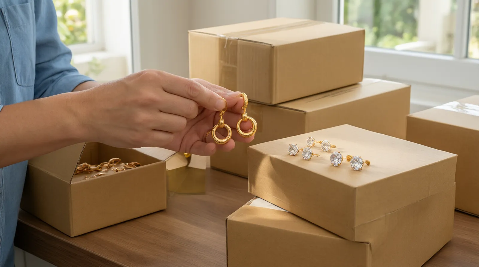 custom jewelry - Photorealistic scene showing a procurement manager reviewing gold-plated copper drop earrings and gradient crystal stud earrings from a stock catalog at a desk, with shipping boxes labeled for air and sea freight in the background