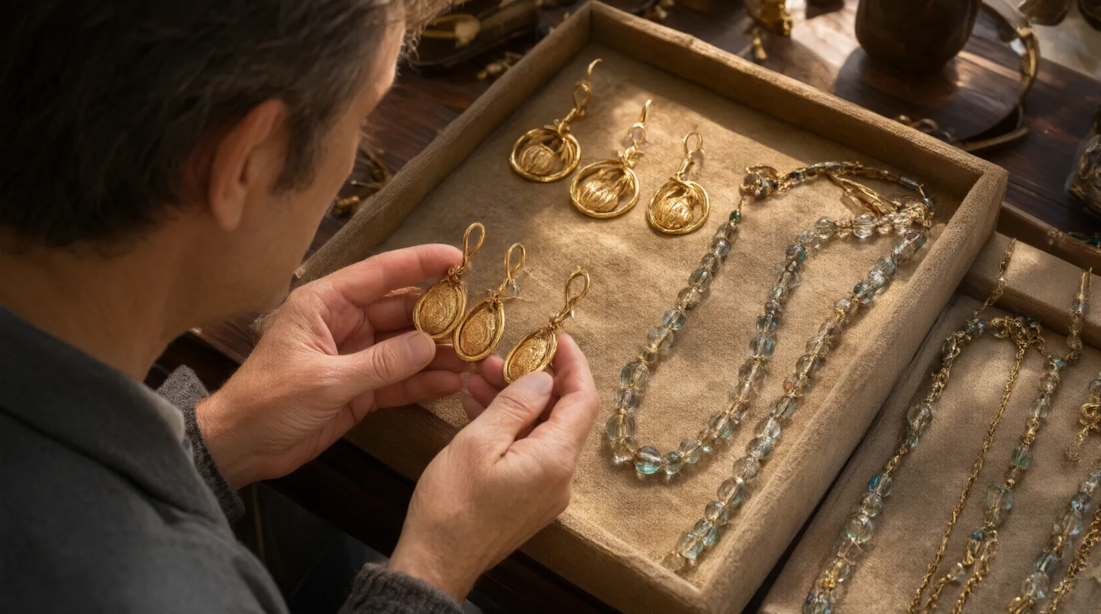 marque de bijoux - Photorealistic over-the-shoulder shot of a jewelry buyer examining gold-plated copper drop earrings and glass bead necklace sets on a velvet display tray in a sunlit showroom, shallow depth of field focusing on the metal finish and crystal clarity, documentary style