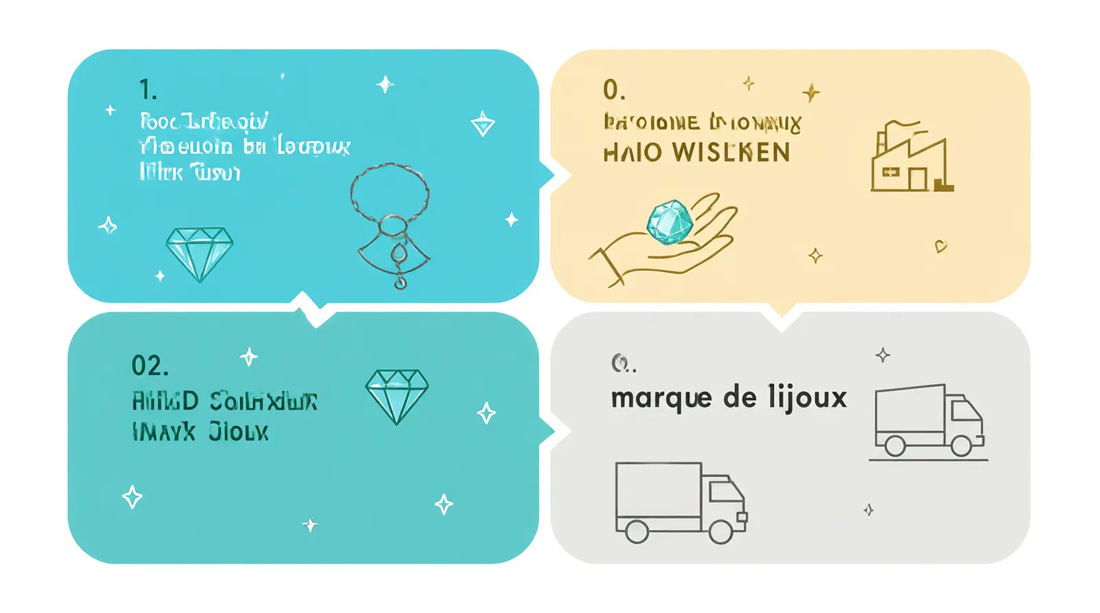 marque de bijoux - Clean flat-design infographic showing the four stages of cross-border jewelry sourcing from China to overseas markets: Material Selection, Production & QC, Trade Terms & Payment, Shipping Logistics. Distinct teal, gold, and gray color zones with simple icons for each stage, white background
