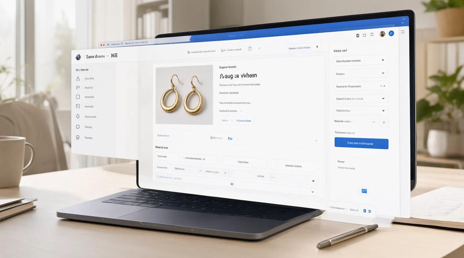 custom jewelry - Annotated UI mockup of a B2B jewelry sourcing portal showing a product page for gold-plated copper drop earrings, highlighting the 'Request a Quote' button, MOQ selector, and material specification dropdowns