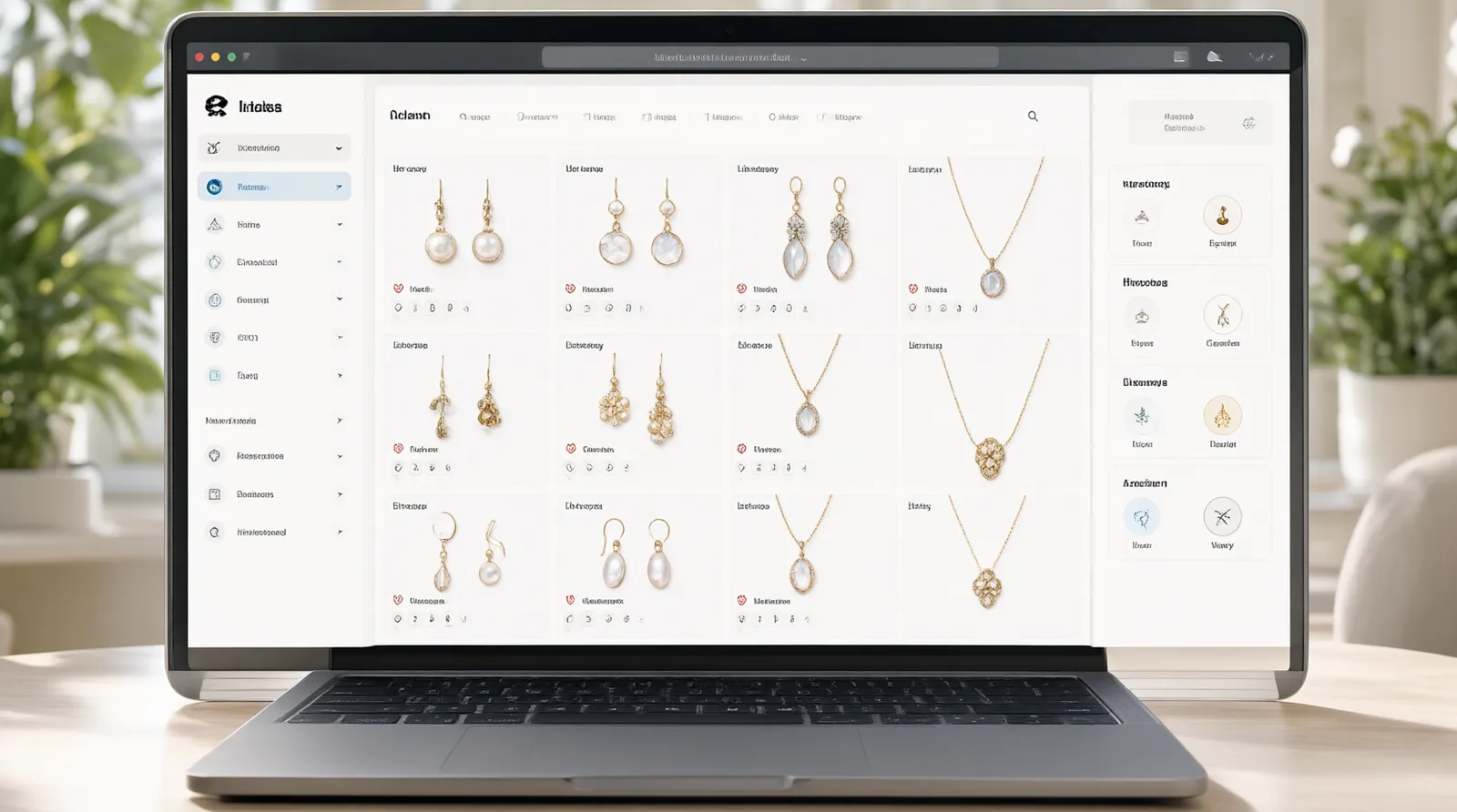 marque de bijoux - Annotated UI mockup of a B2B jewelry procurement dashboard on a laptop screen, displaying a stock catalog grid of drop earrings and necklace sets with filter options for material (gold-plated copper, glass beads), MOQ quantities, and trade terms (EXW, FOB), soft daylight reflection on screen