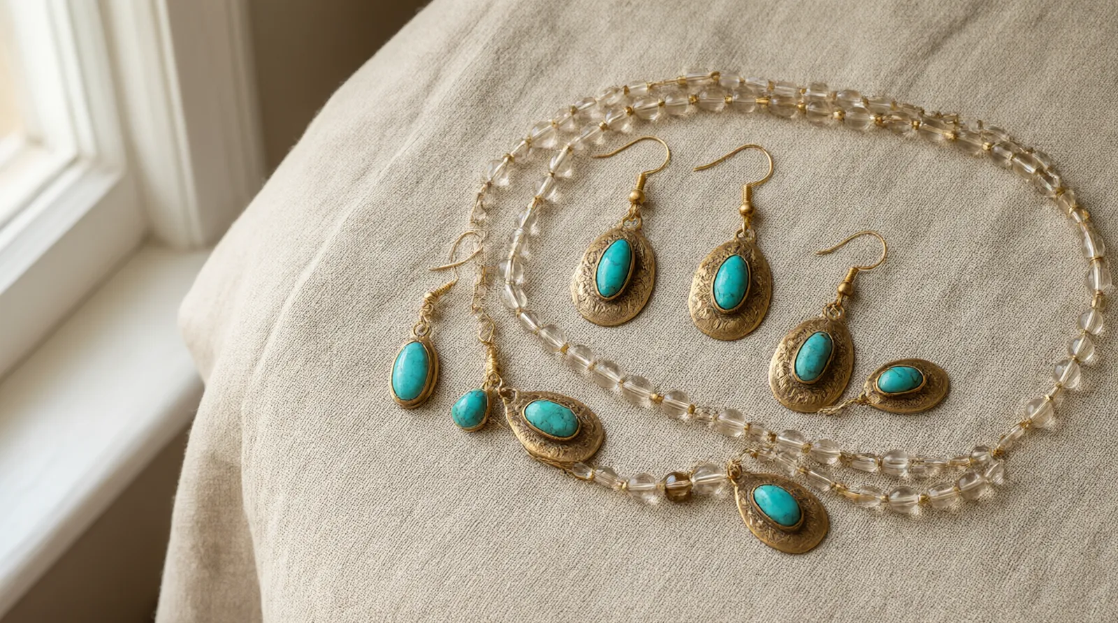 boho schmuck - Photorealistic flat-lay of boho schmuck on raw linen fabric, featuring gold-plated copper drop earrings with natural turquoise stones and glass bead necklaces, soft directional window light from the left, shallow depth of field focusing on metal textures and stone grain, documentary style