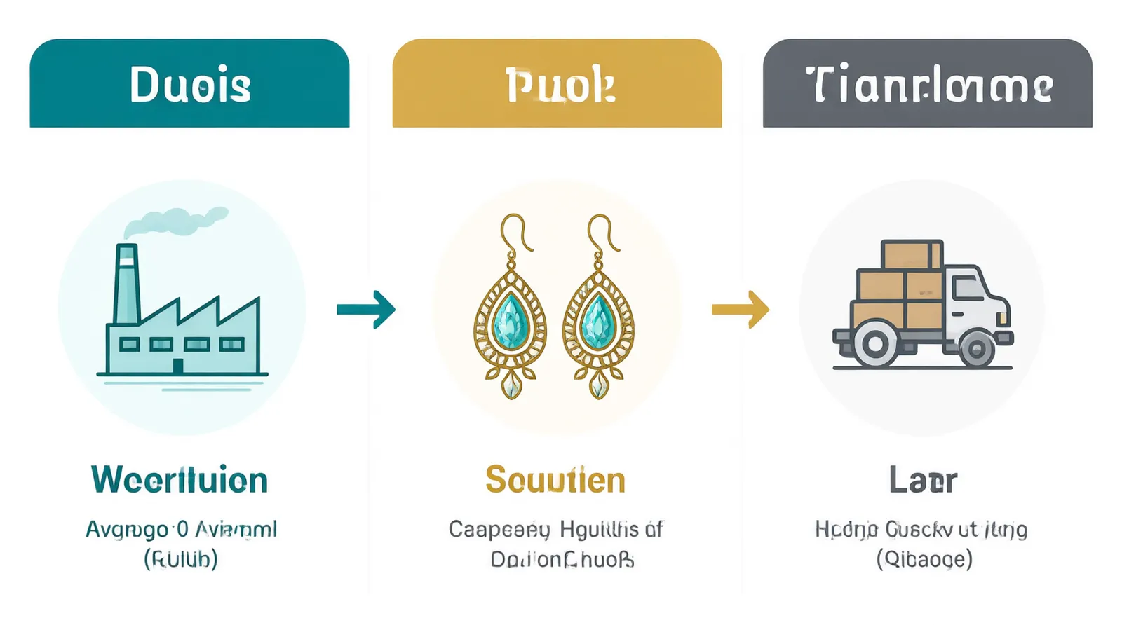 boho schmuck - Clean flat-design infographic showing a three-step supply chain for boho schmuck sourcing: Step 1 "Workshop Vetting" (factory icon), Step 2 "QC Inspection" (magnifying glass over earring icon), Step 3 "Global Shipping" (cargo plane and ship icons). Distinct teal, gold, and slate-gray color zones, white background, no text inside graphic elements