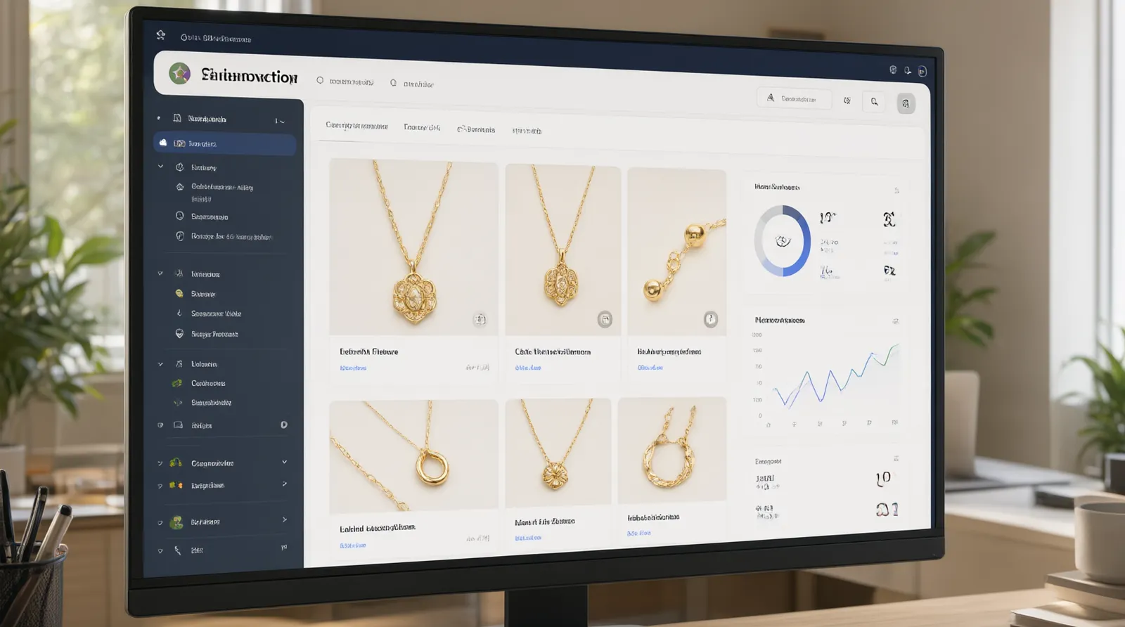 不褪色黄金首饰 - 托管式 B2B 店铺后台 UI 示意图,展示不褪色黄金首饰的多语言本地化产品页,突出从右向左的阿拉伯语布局切换、各市场 SEO 关键词标签以及实时询盘追踪指标