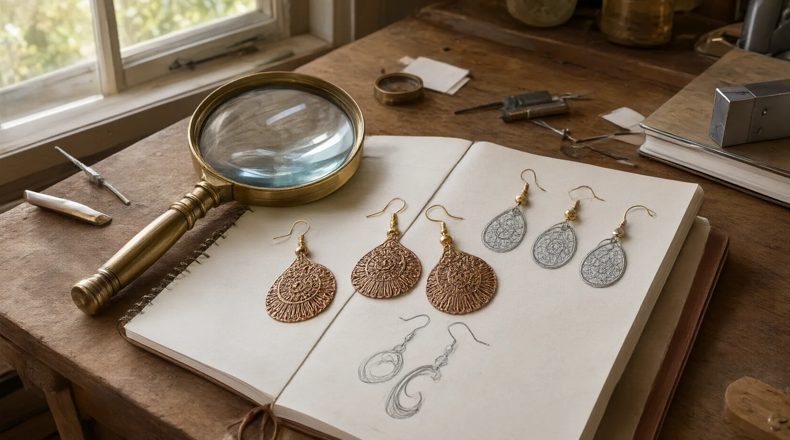 boho schmuck - Editorial conceptual photo of a procurement desk: a brass magnifying glass resting next to a pair of gold-plated copper boho drop earrings, an open notebook with hand-drawn earring sketches, and a shipping waybill partially visible under a ceramic coffee cup. Natural daylight from a nearby window, authentic workspace feel