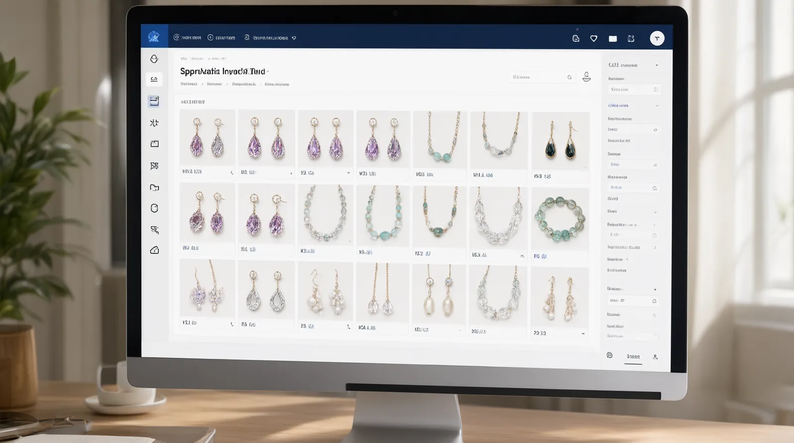 marque de bijoux tendance - Annotated UI mockup of a modern B2B jewelry procurement dashboard on a desktop monitor, showing a product grid of gradient crystal earrings and two-tone glass bead necklaces, a sidebar filter for materials (copper, glass, stone) and MOQ quantities, soft daylight reflection on the screen, clean interface design